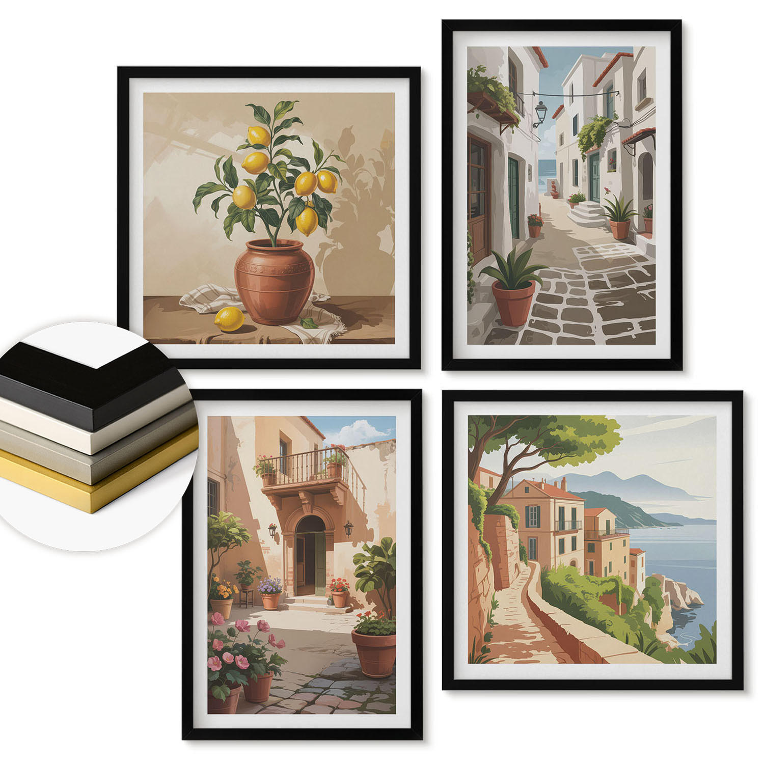 WANDBILDER 4er-Set - 50x50 cm & 40x60 cm Schwarzer Rahmen - Straßen, Häuser, Pflanzen, Töpfe - Schwarz, Kunststoff (50/50cm) - ArtPrintCave