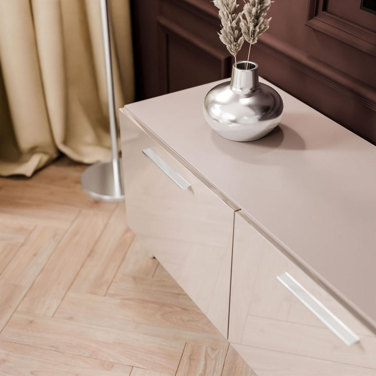 TV-ELEMENT AURA 200 KASCHMIR Hochglanz auf schrägen silbernen Beinen - Kaschmir/Silberfarben, Holzwerkstoff (200/49/40cm) - Lookway