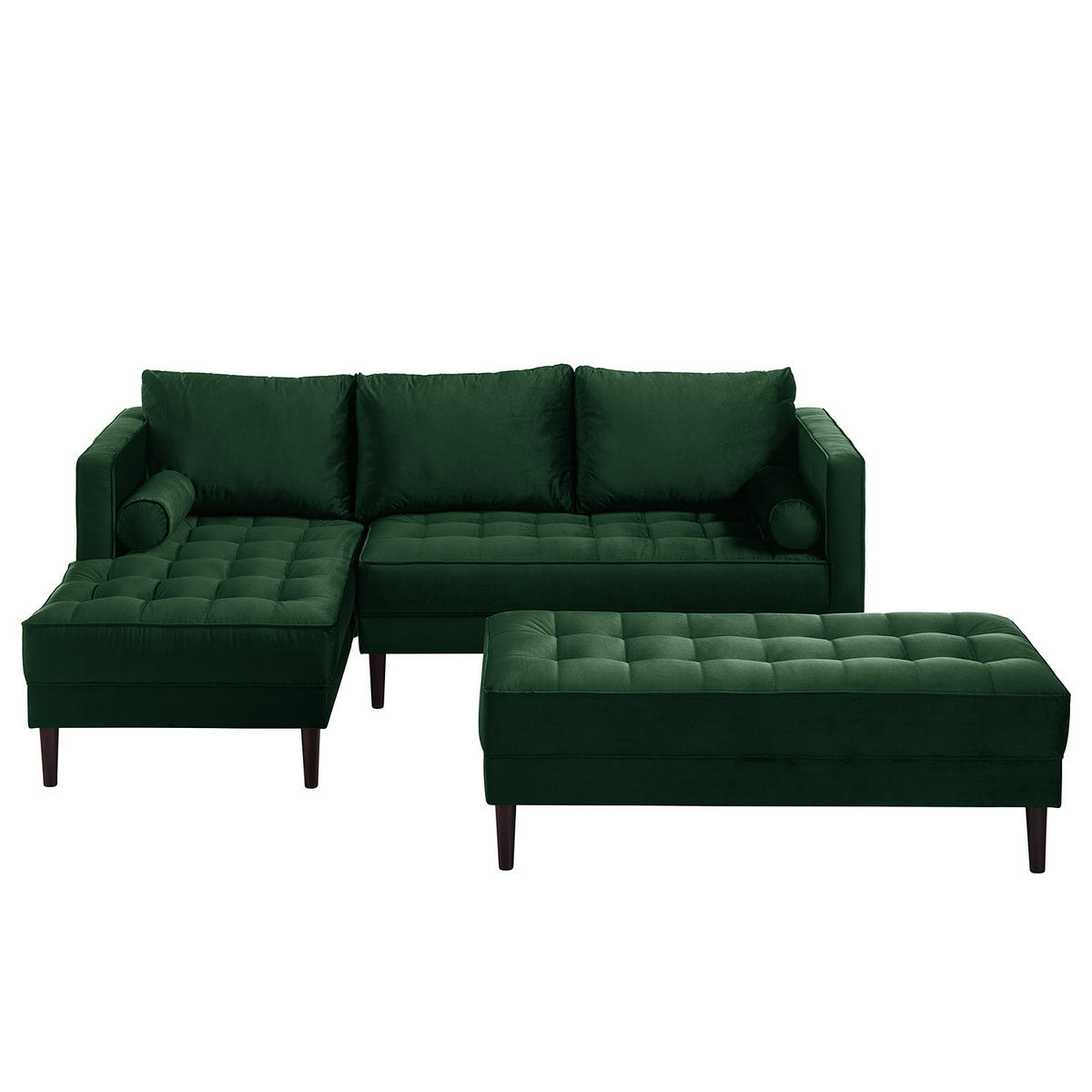 ECKSOFA - Samt - Dunkelgrün/Dunkelbraun, Birkenholz/Textil (201/155cm) - home24