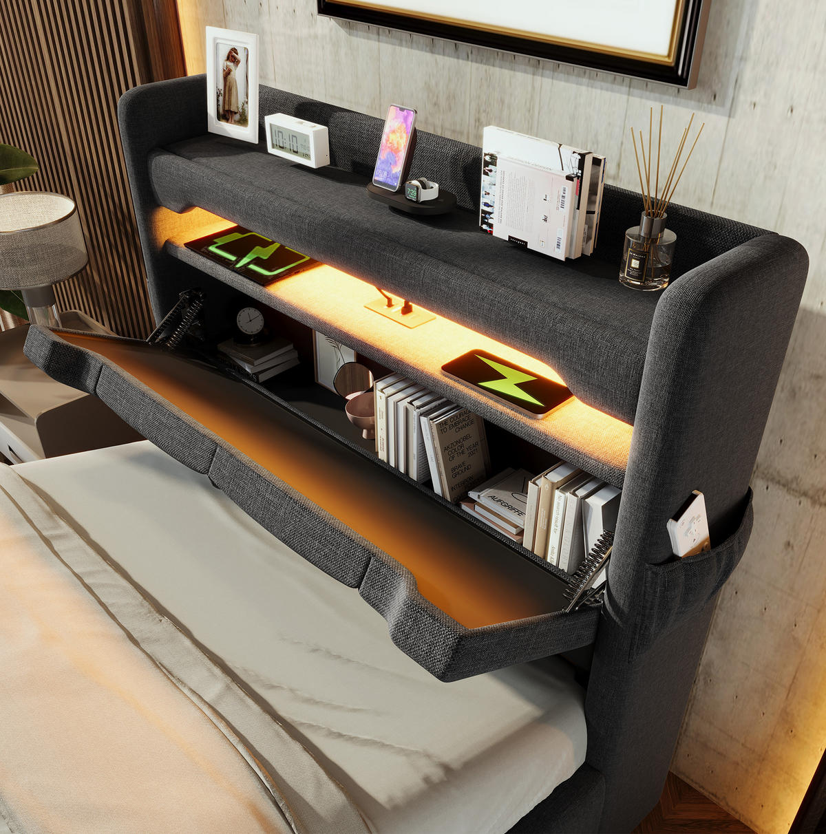 POLSTERBETT 90/200 cm Grau aus Leinen mit LED und Stauraum - Grau, Textil (90/200cm) - OKMYHOME