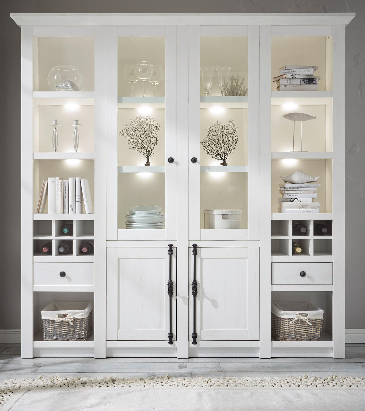 BUFFETSCHRANK weiß Pinie Landhaus, Vitrinenschrank mit Weinregal 194 x 207 cm - Anthrazit/Weiß, Holzwerkstoff/Metall (194/207/45cm) - Furn.Design