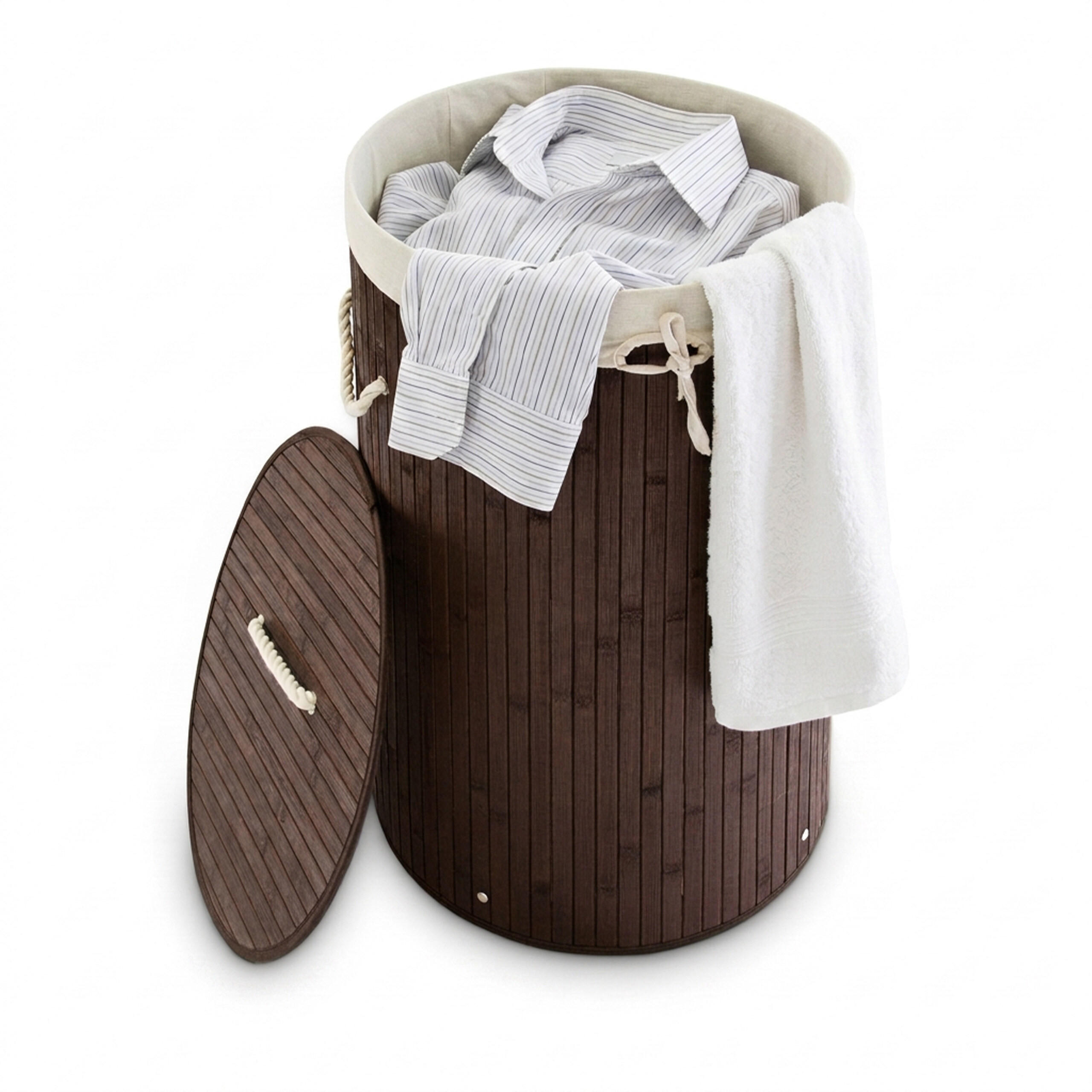 KOŠARA ZA RUBLJE smeđa bambus okrugla s poklopcem sklopiva 70 l - smeđa, drvo/tekstil (41/65/41cm) - Relaxdays