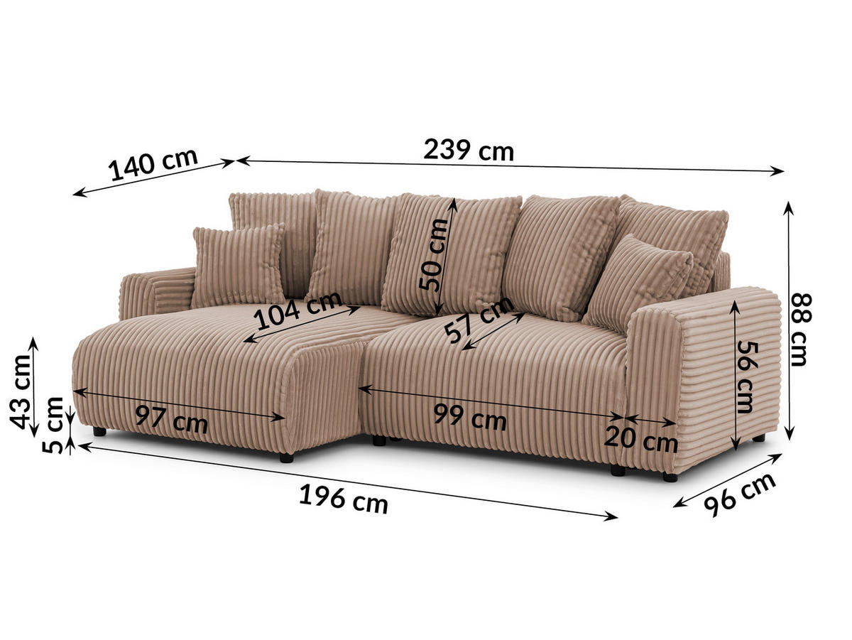 ECKSOFA Calma mit Schlaffunktion und Bettkasten im Bumpy-Design aus weichem Beige Plüschcord - Ottomane links - Beige/Schwarz, Holz/Kunststoff (239/140cm) - S-Style