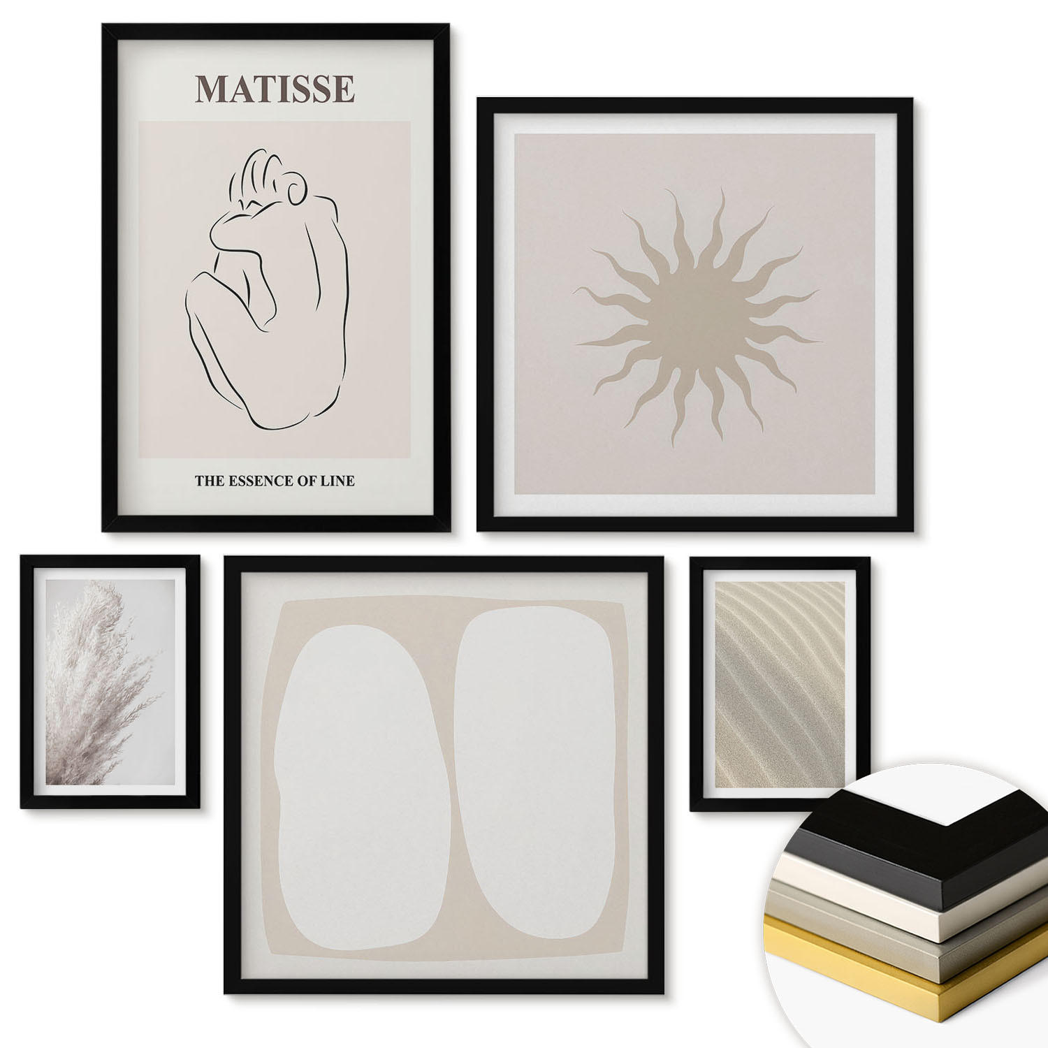 WANDBILDER 5er-Set - 50x50 cm & 20x30 cm & 40x60 cm Schwarzer Rahmen - Minimalistische Sandwellen - Schwarz, Kunststoff (40/60cm) - ArtPrintCave