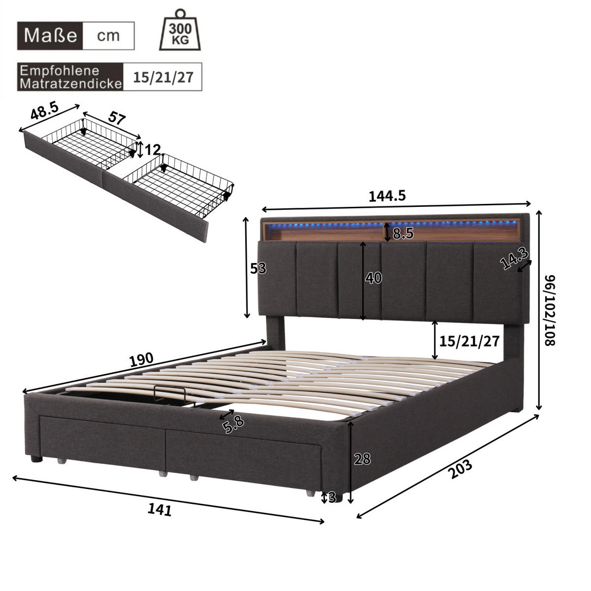 POLSTERBETT 140x190 cm LED Schubladen Kopfteil Lattenrost Leinen grau - Grau, Holz (140/190cm) - LEBENLANG