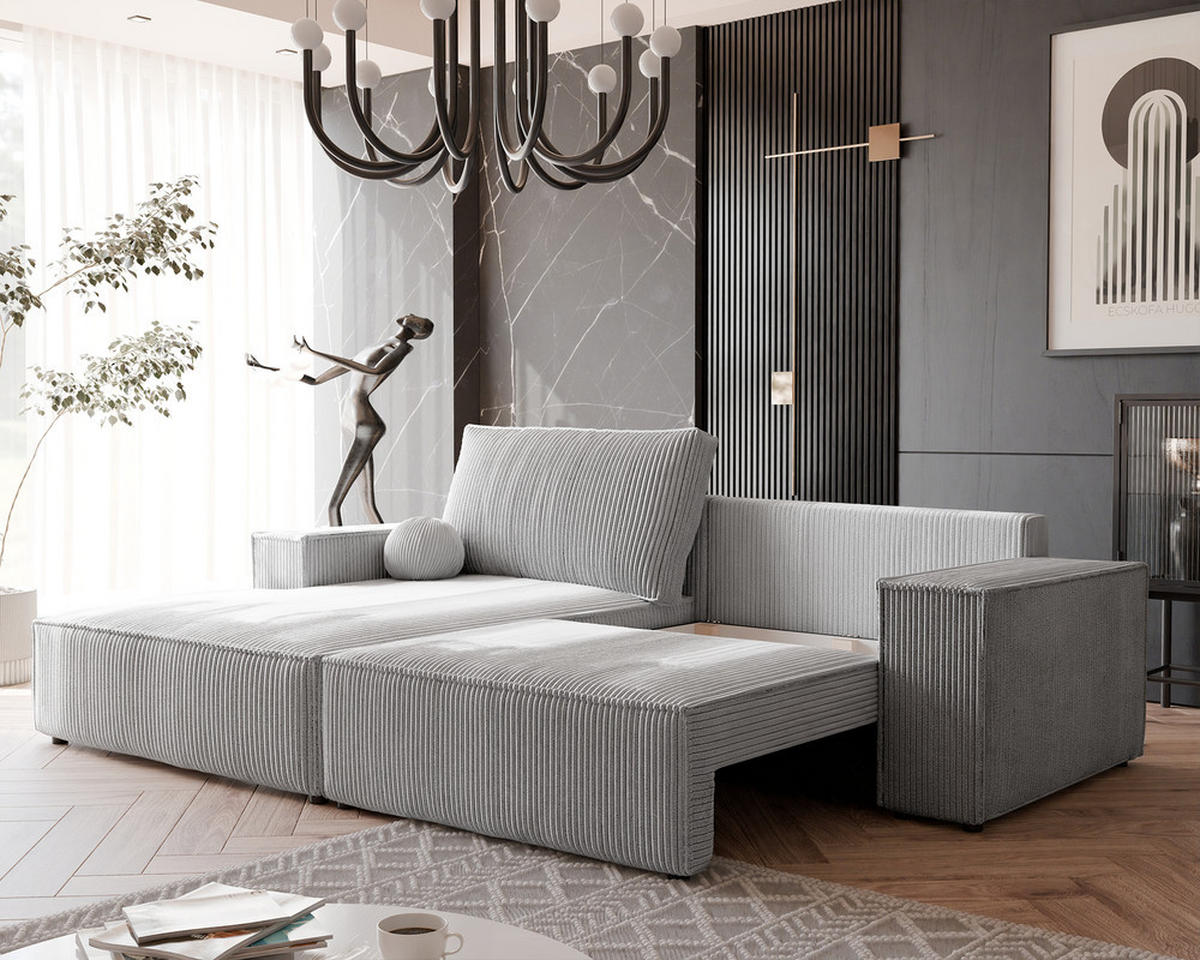 ECKSOFA HUGO Rechts, mit Schlaffunktion und Bettkasten, Hellgrau - Hellgrau, Textil (255/148cm) - Idohome
