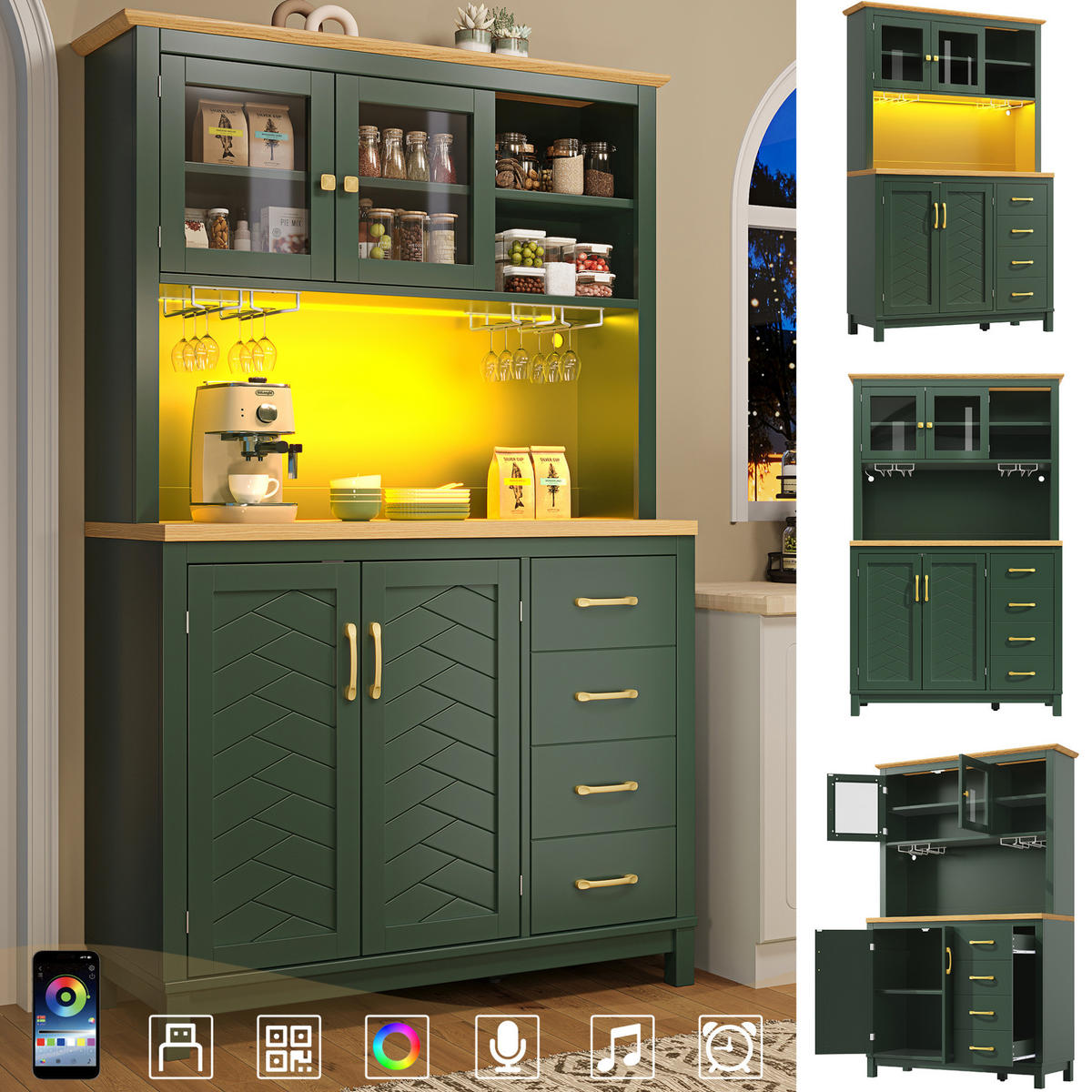 BUFFETSCHRANK mit LED-Lichtleiste 105,5x40x180 cm MDF Grün - Grün, Holzwerkstoff (40/180/105.5cm) - Meubliv
