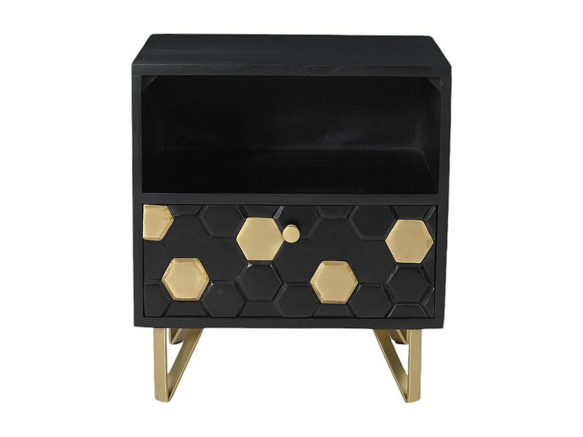 2ER-SET Nachttische mit 1 Schublade & 1 Ablagefach - Mangoholz & Metall - Schwarz & Goldfarben - BELORI - Schwarz, Holz (945/50/38cm) - Vente-Unique