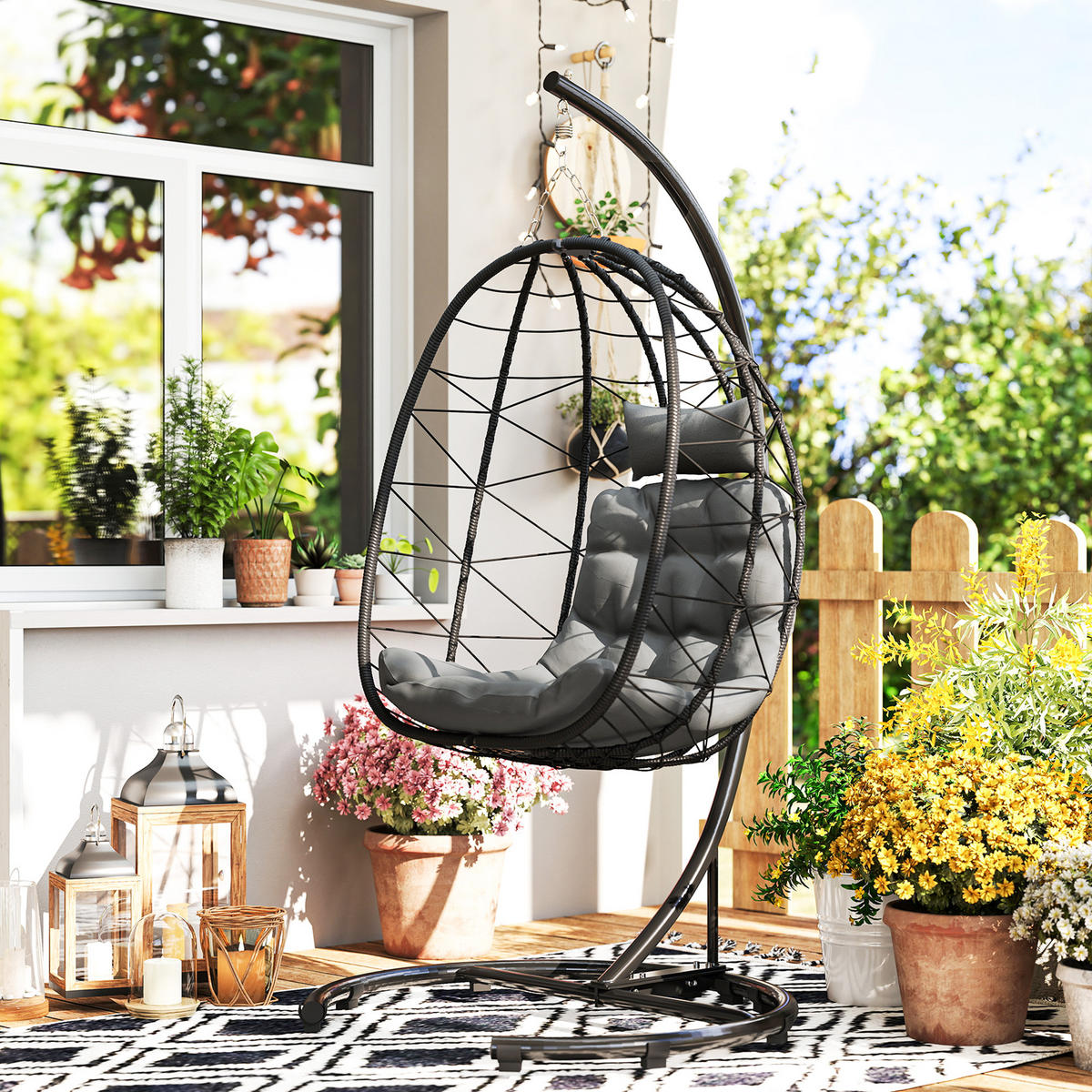 RATTAN-STUHL Schwarz 102.0/102.0/195.0cm - Schwarz, Metall (102/195/102cm)