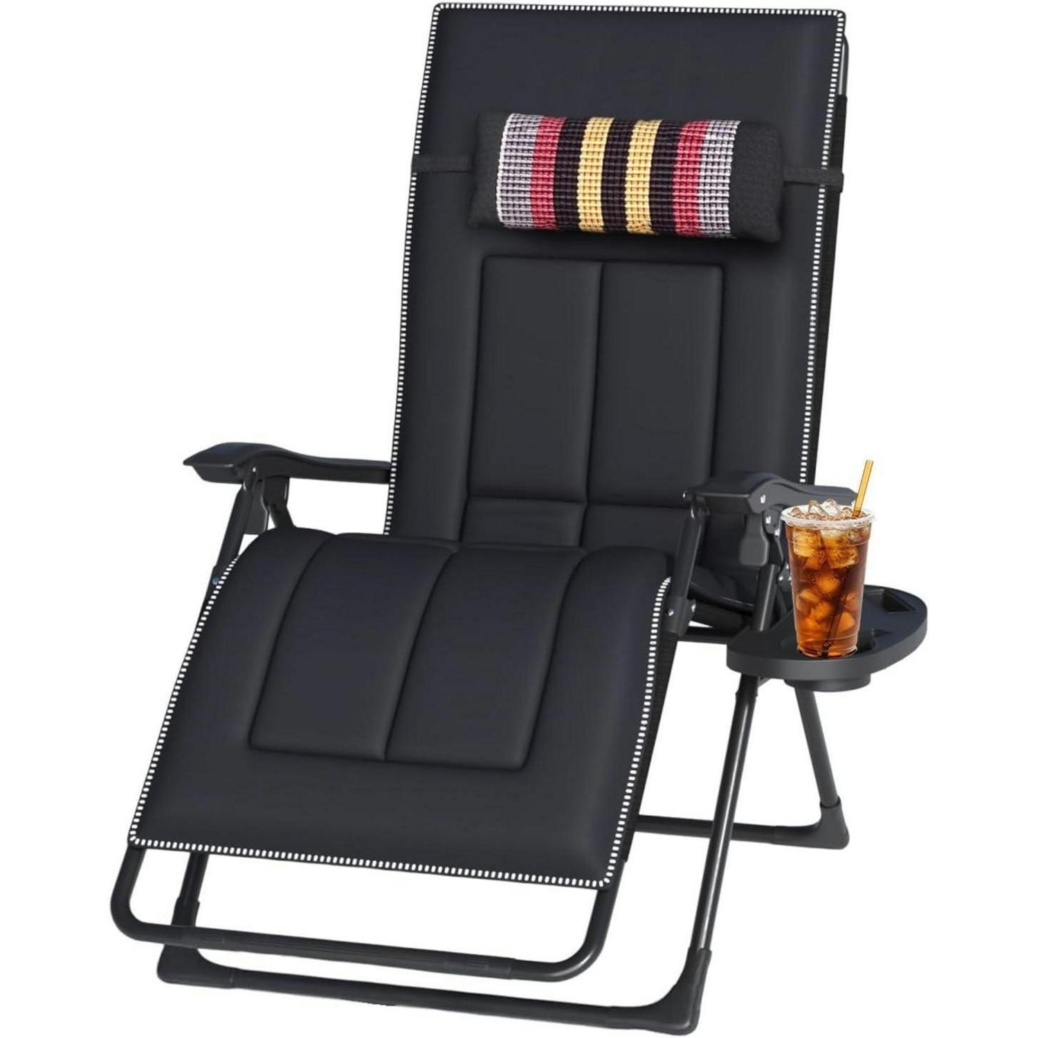 GARTENLIEGE Klappbar Extra Breit 72cm mit Getränkehalter & Kissen - Schwarz, Textil (70/85/85cm)