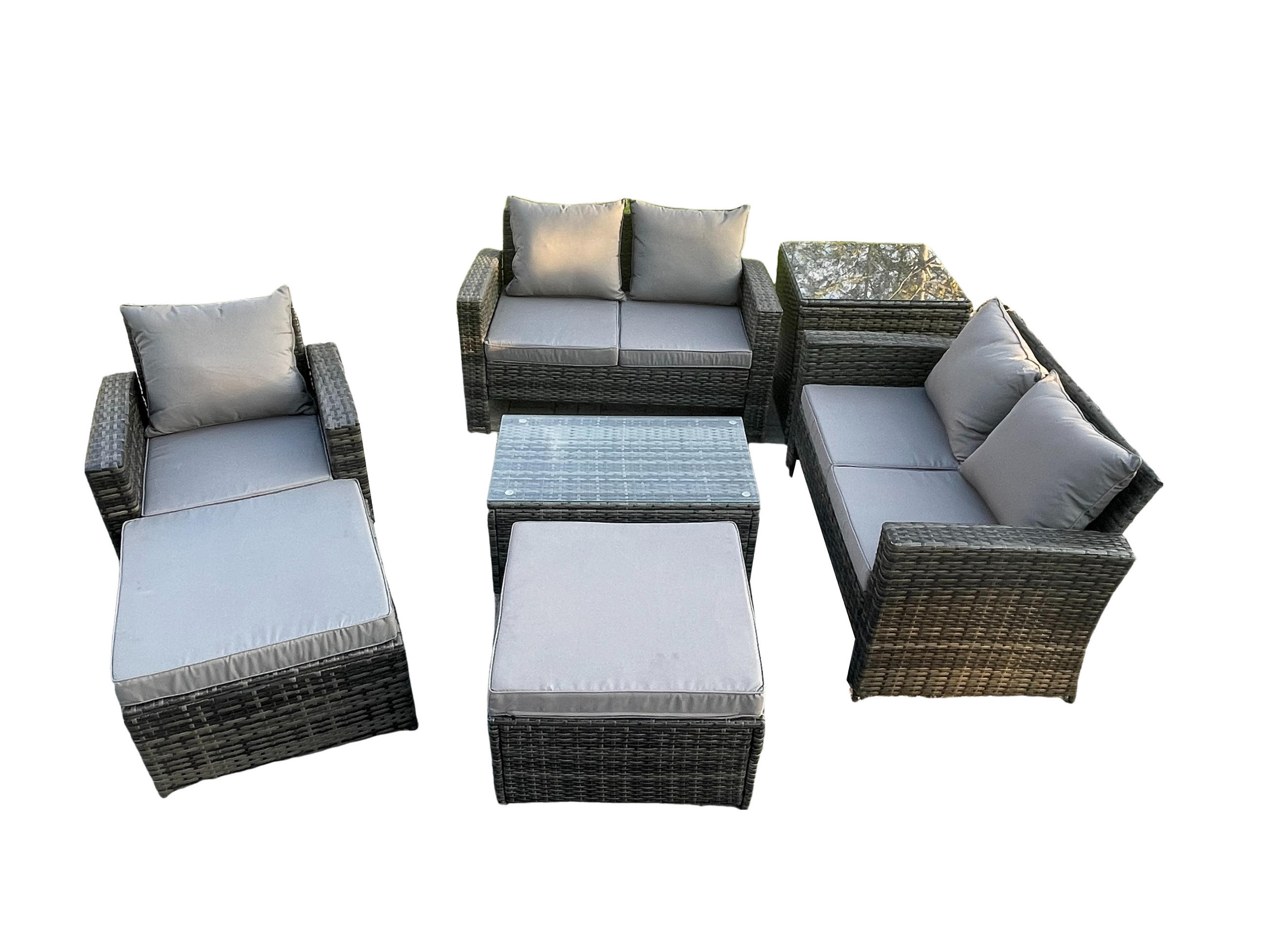 GARTENMÖBEL-SET SOFA STUHL COUCHTISCH 2 HOCKER BEISTELLTISCH Polyrattan Dunkelgrau Gemischt 7-Sitzer - Dunkelgrau, Metall - Fimous