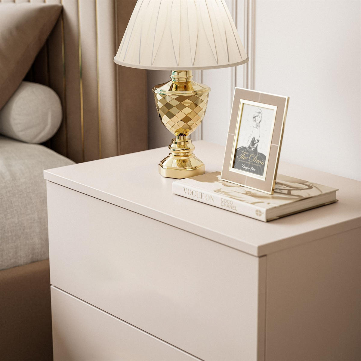 NACHTTISCH LINA KASCHMIR mit LED-Beleuchtung, goldenen Beinen - Kaschmir, Holzwerkstoff (55/52/37cm) - Lookway