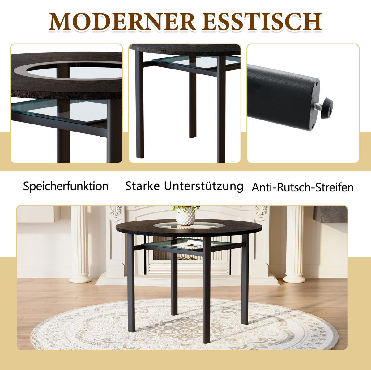 ESSTISCH aus MDF, Glas und Metall 100x100x76 cm Schwarz mit Glasablage und grauer Glaseinlage - Schwarz, Holzwerkstoff (100/100/76cm) - Modfu