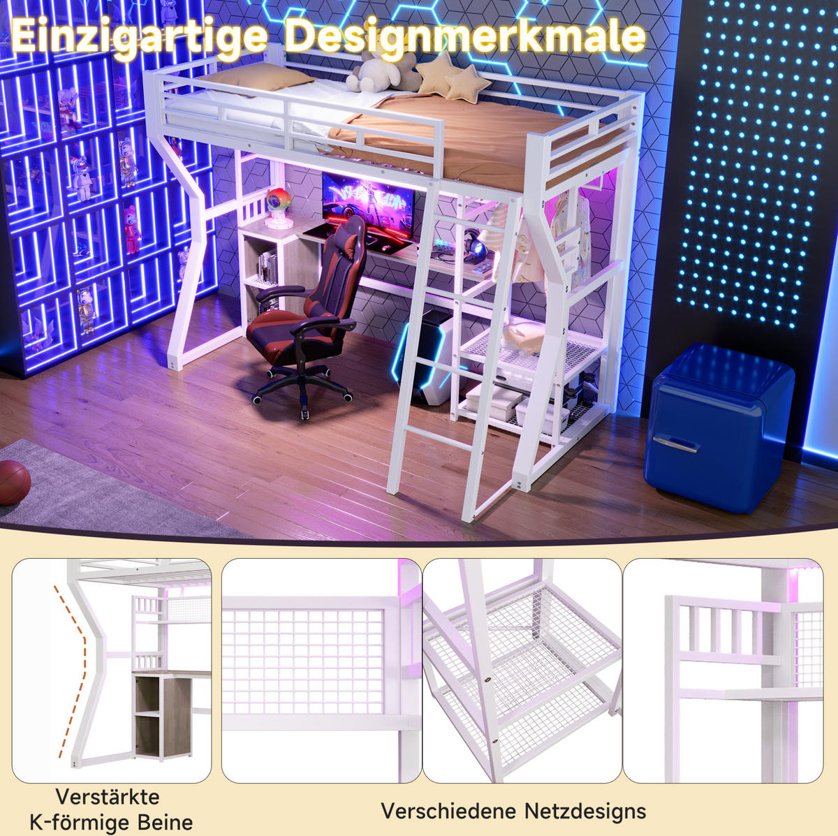 HOCHBETT 90/200 cm aus Metall/MDF mit Schreibtisch und Lichtleiste Weiß - Weiß, Holzwerkstoff (90/200cm) - Modenvie