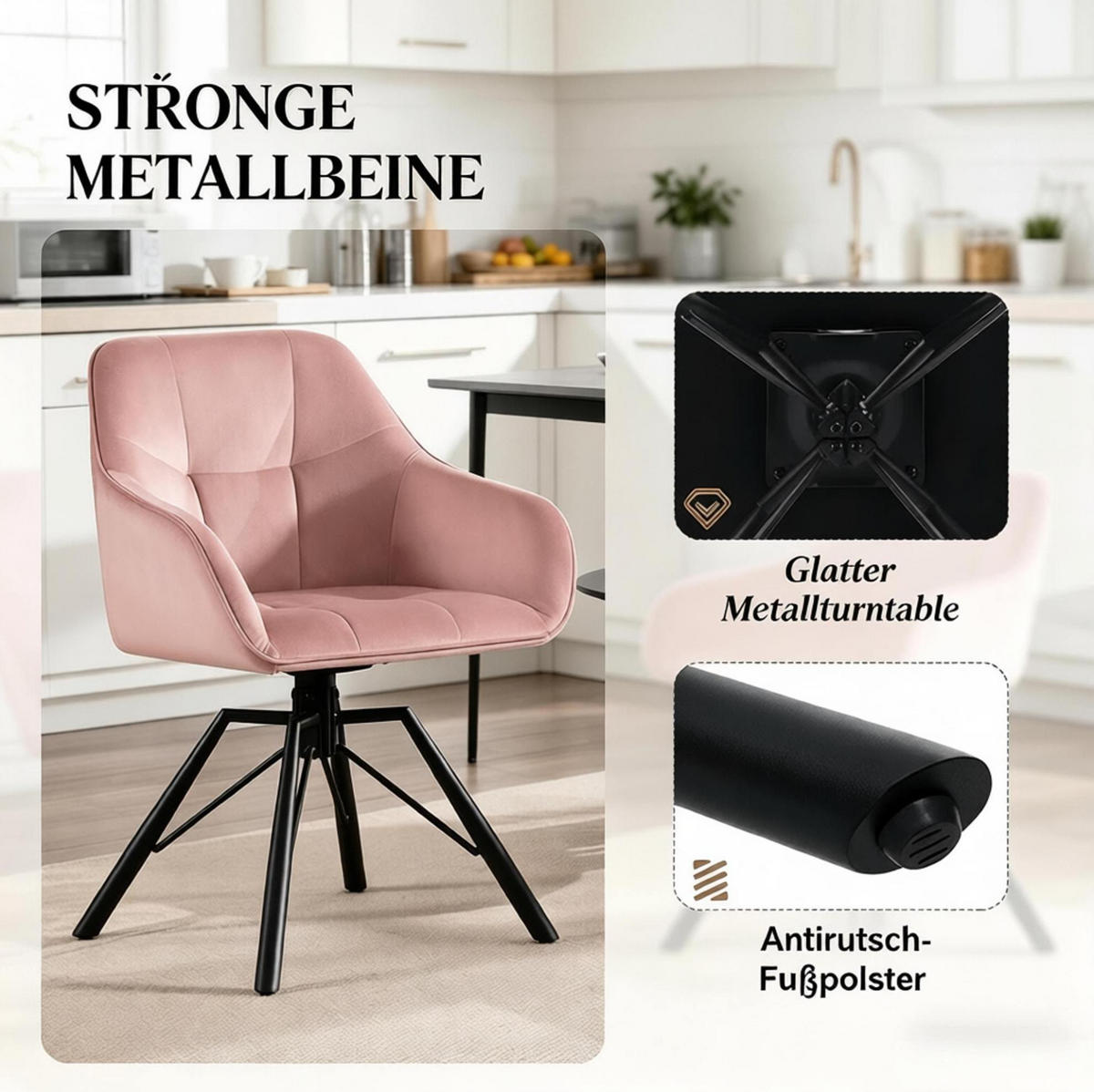 ESSZIMMERSTUHL 2er-Set drehbar Samt Pink - Pink, Metall (54/82.5/57cm) - Meubliv