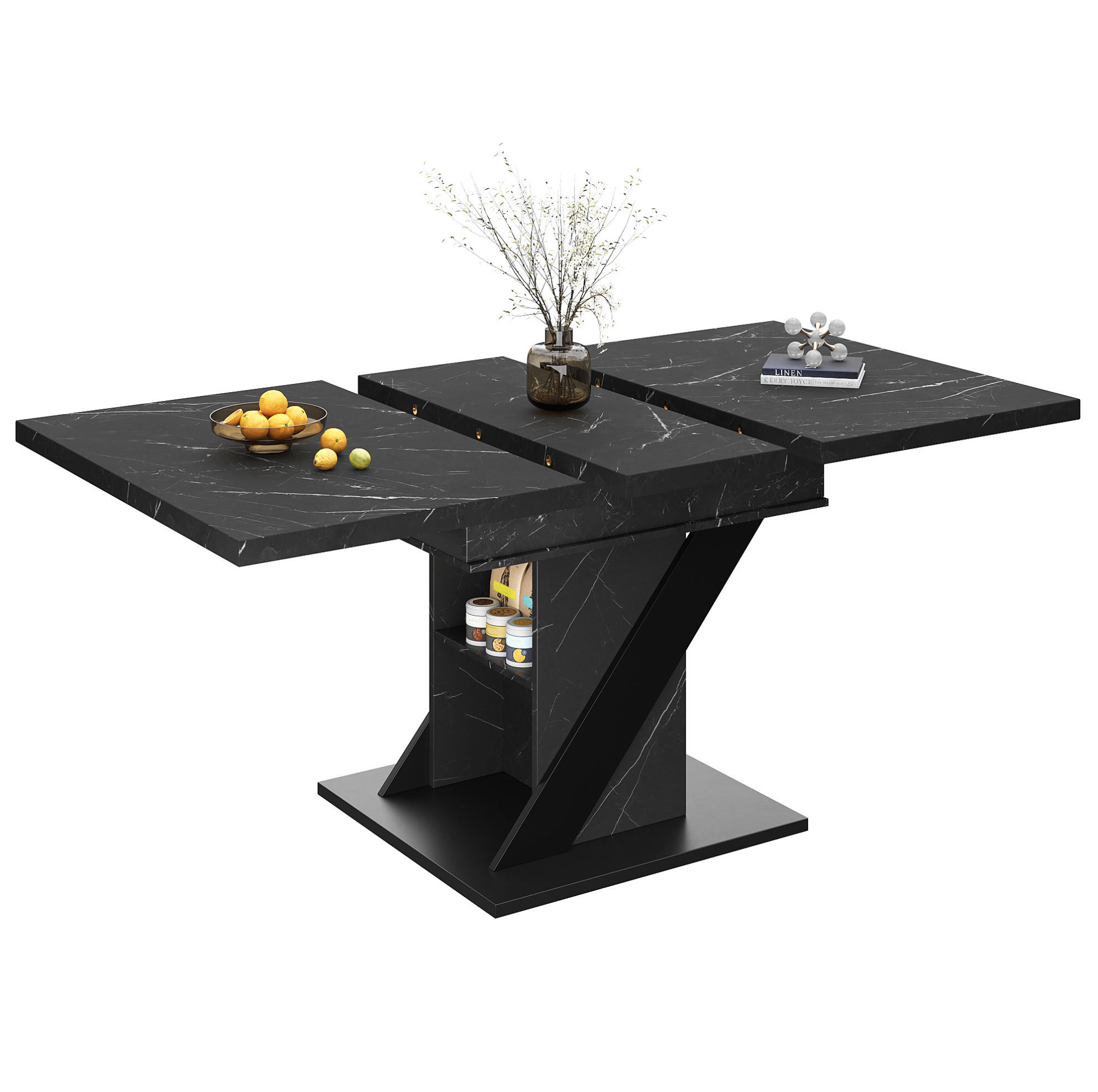 BLAGOVAONSKI stol 110-140/80/75 cm crni od MDF-a na razvlačenje u mramornom izgledu - crna, drvni materijal (110/80/75cm) - OKWISH