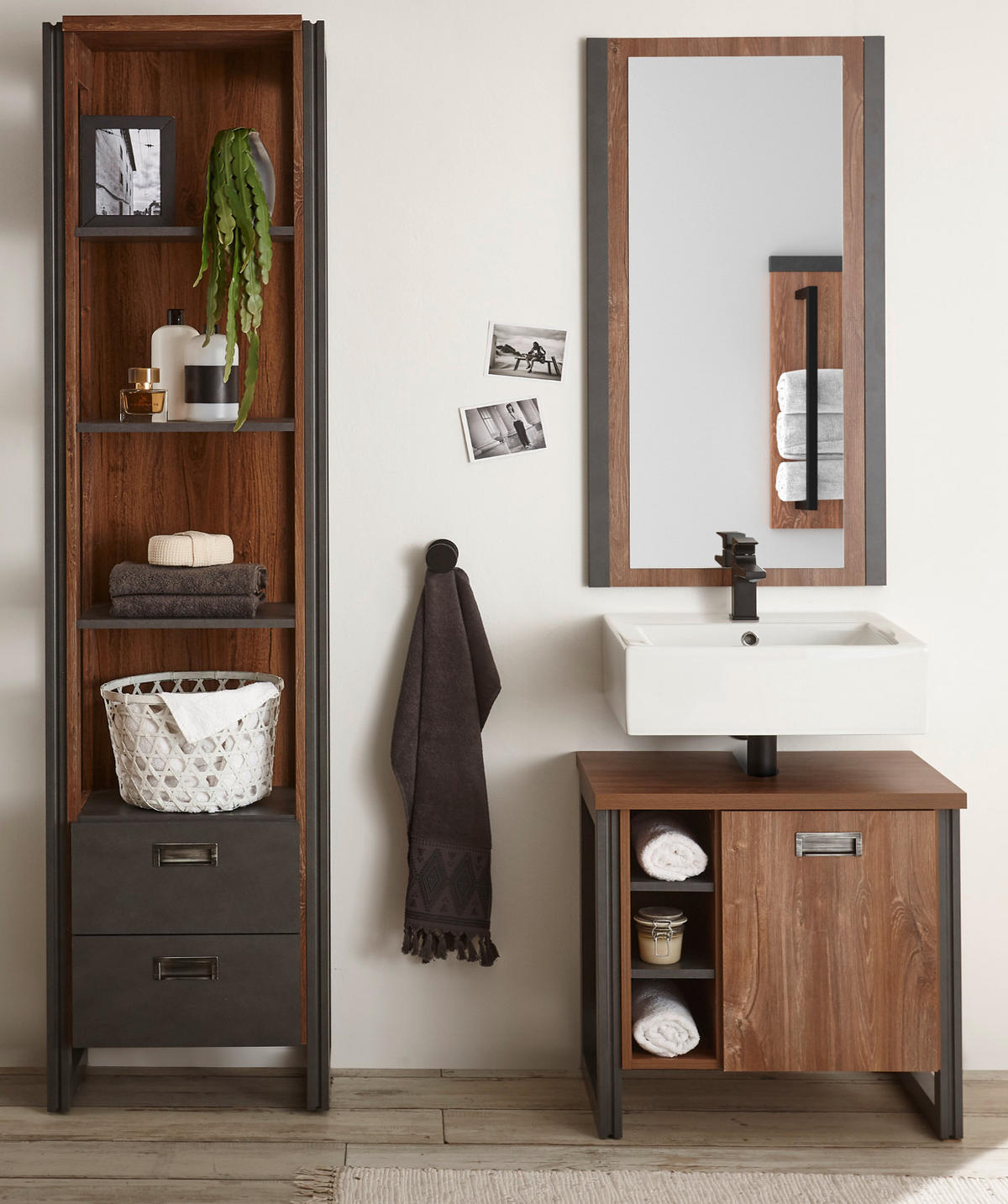 BADMÖBEL-SET 3-teilig Eiche Stirling, Matera grau, Badkombination 120 x 205 cm - Eichefarben/Grau, Holzwerkstoff (120/205/40cm)