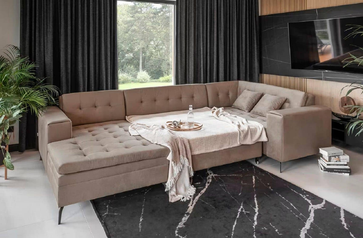 WOHNLANDSCHAFT mit Schlaffunktion, luxus Nube-Stoff - Beige/Schwarz, Textil/Metall (180/93/340cm) - Eltap
