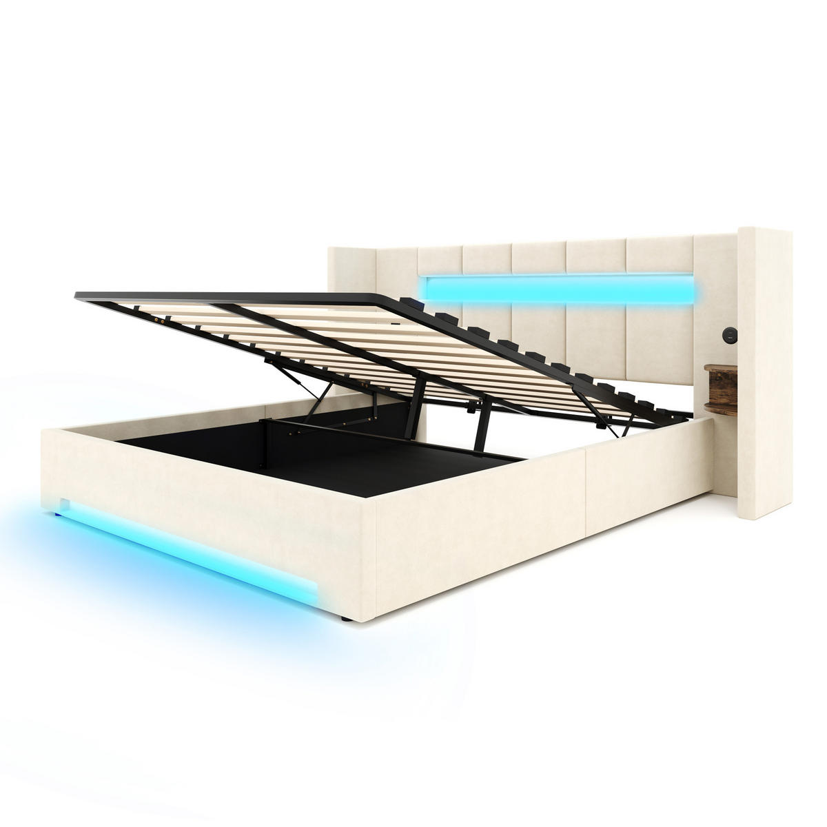 POLSTERBETT 160/200 cm mit USB-Anschlüssen, LED-Beleuchtung, Hydraulik und Stauraum, Beige - Beige, Textil (160/200cm) - Redom