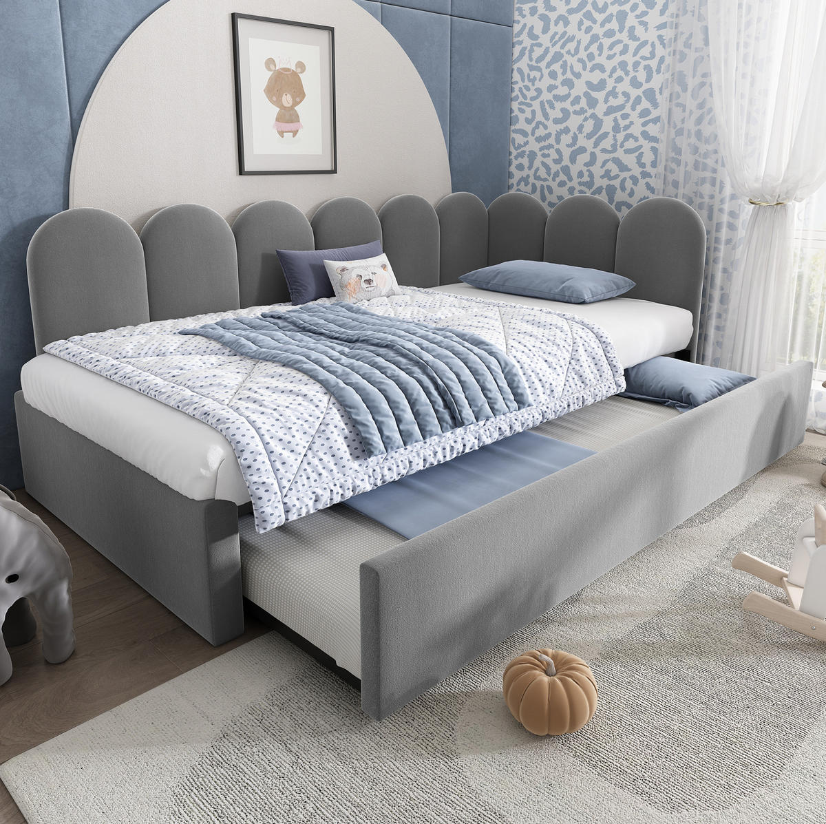 KINDERBETT Polsterbett 90/200 cm aus Samt mit ausziehbarem Gästebett Grau - Grau, Textil (90/200cm) - Modenvie