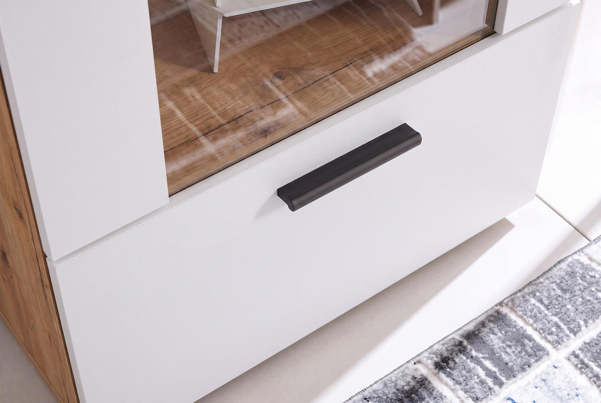 VITRINE ALESSANDRIA, Weiss - Eiche Wotan/Schwarz, Glas/Holzwerkstoff (60/192/42cm) - Komodee