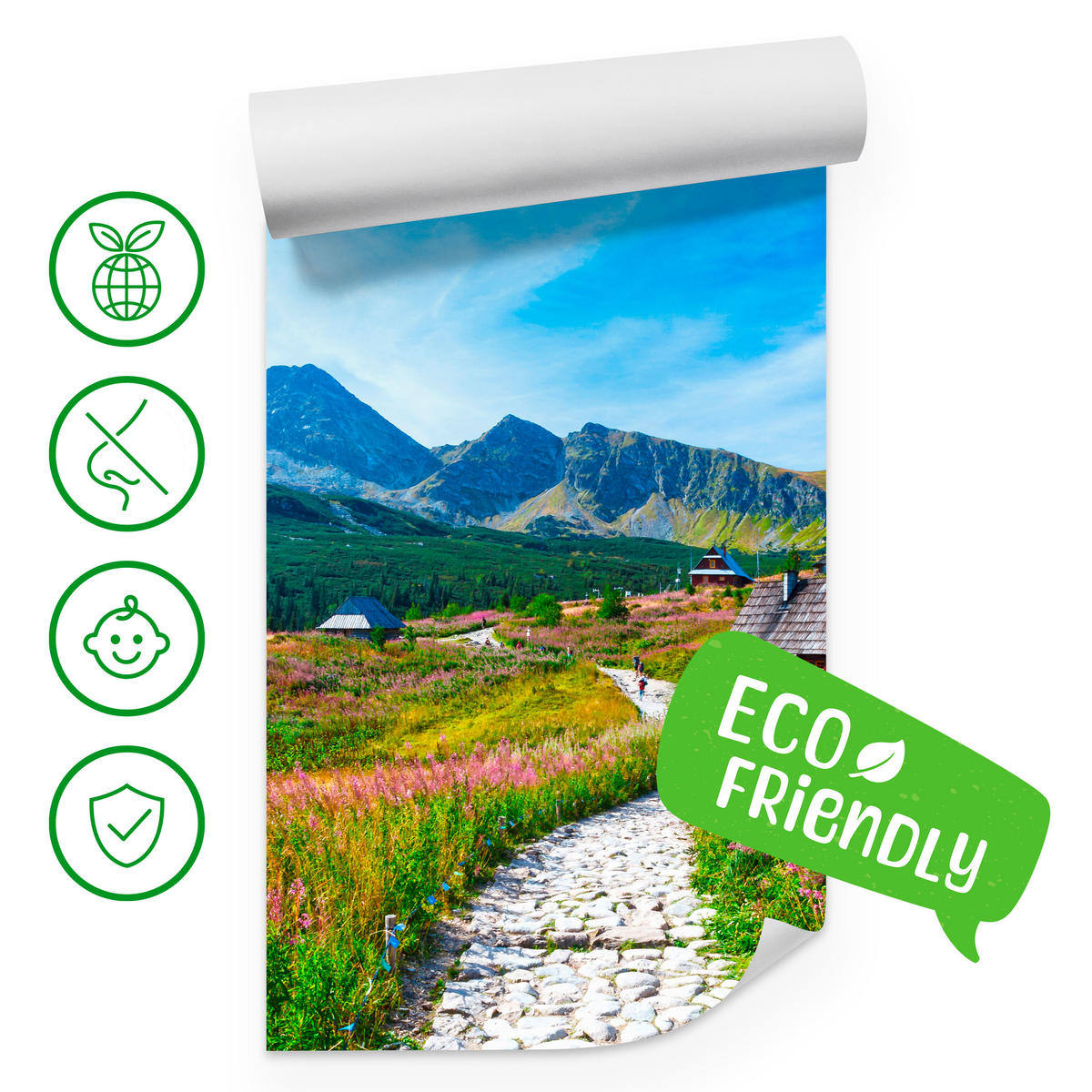 FOTOTAPETA Pre Obývaciu Izbu Kamenný Chodník Hory Stromy Rastliny Domy 100 x 70 cm - sivá/zelená, papier (100/70cm) - Muralo