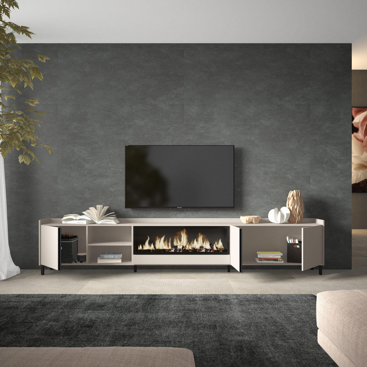LOWBOARD, Beige, 315/35/61cm, Kamin mit Feuereffekt XXL - Beige, Holzwerkstoff (315/61/35cm) - Skraut Home