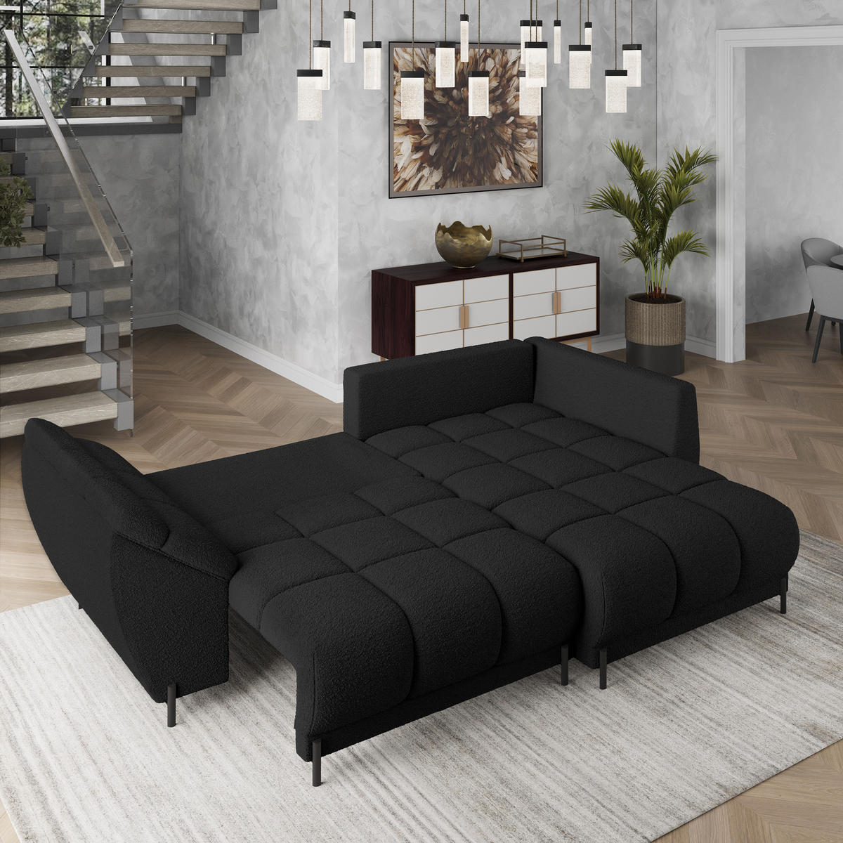 ECKSOFA VESTANO R-S Schwarz Boucle-Stoff mit Schlaffunktion - Schwarz, Holz (287/182cm) - MASSENO