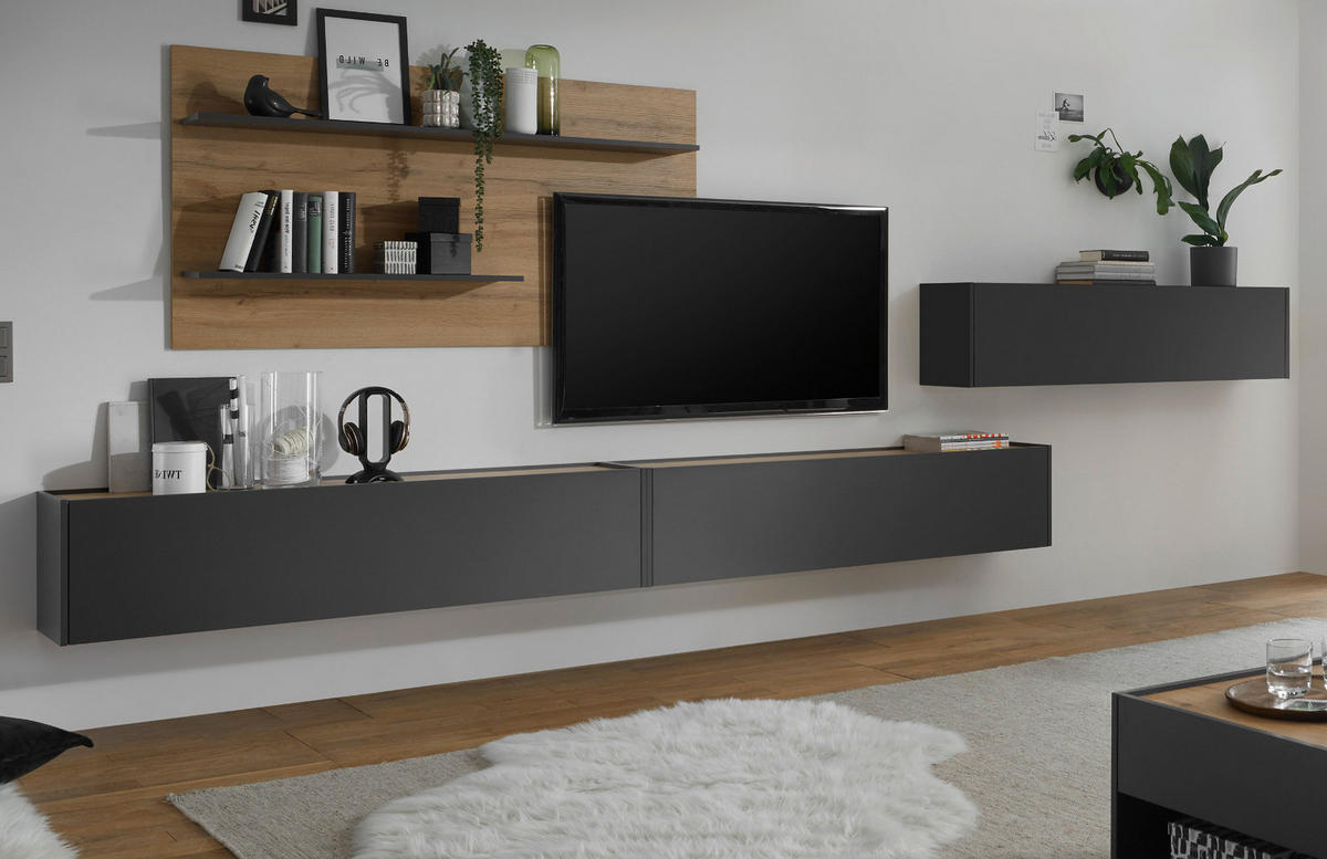 WOHNWAND 4-teilig grau matt, Eiche Wotan 400 cm, Schrankwand hängend - Eiche Wotan/Grau, Holz/Holzwerkstoff (400/180/30cm) - Furn.Design