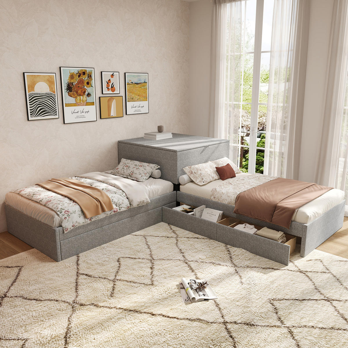 POLSTERBETT 90/200 cm Grau mit Polsterbett und Stauraum - Grau, Textil (90/200cm) - Flora Grace