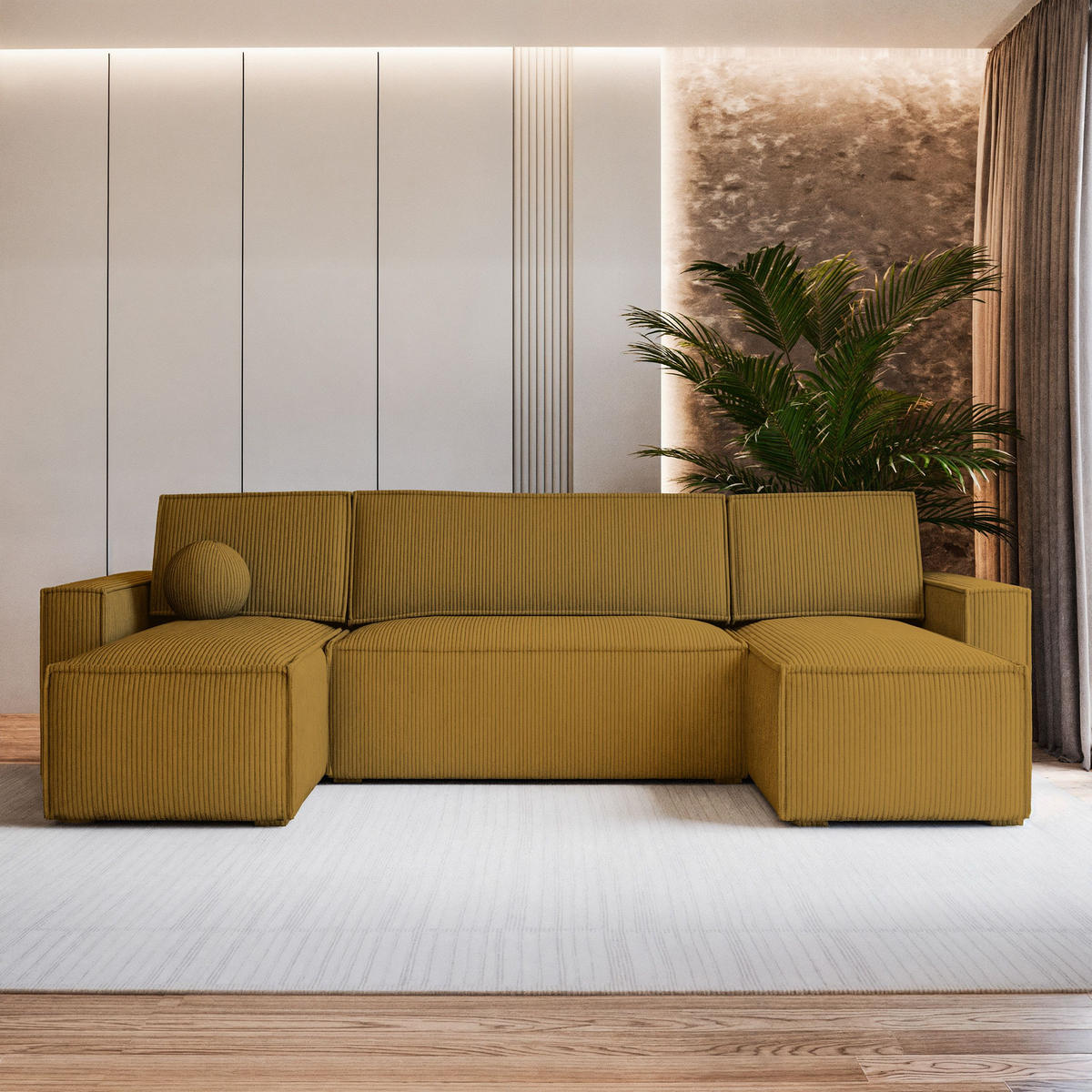 ROHOVÁ SEDAČKA PESANO žlutá - šedá/žlutá, dřevo/textil (306/140cm) - MASSENO