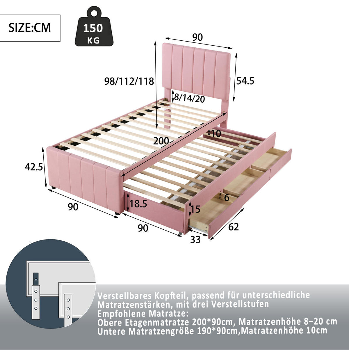 POLSTERBETT 90x200 cm Rosa mit Ausziehbett, 3 Schubladen und verstellbarem Kopfteil - Rosa, Textil (90/200cm) - IVMEU