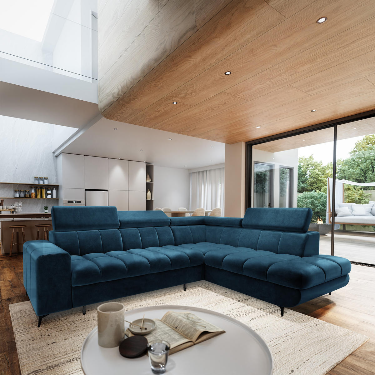 ECKSOFA MORIVA R-S Blau Velours-Stoff mit Schlaffunktion - Blau, Holz (253/190cm) - MASSENO