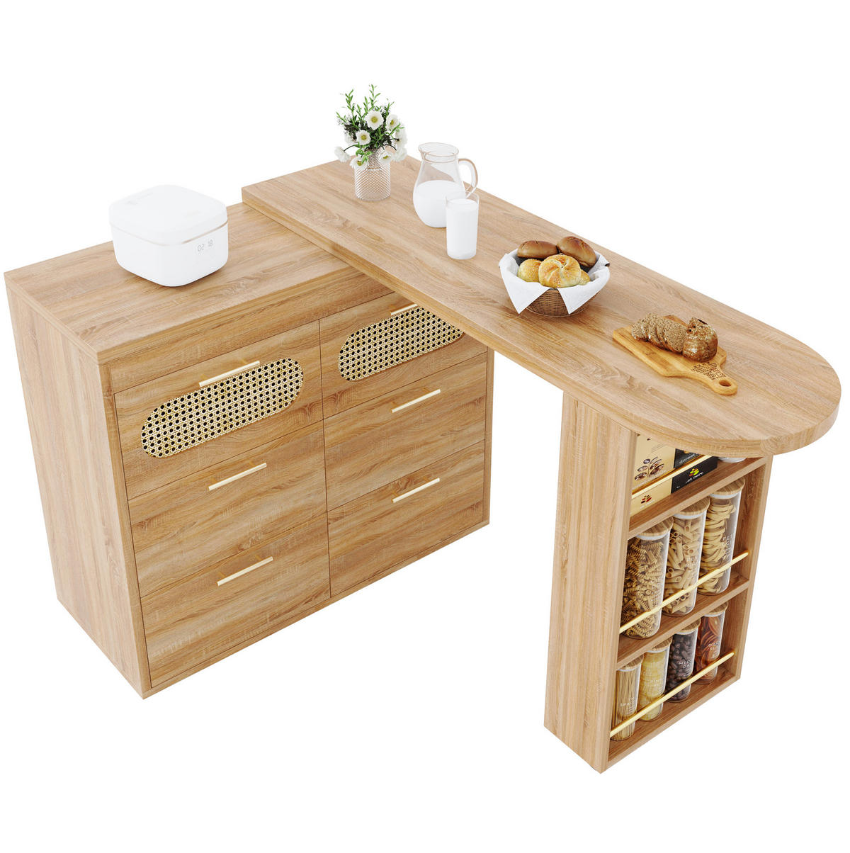 BARTISCH 128-203/39/90 cm in Natur mit 360° Drehfunktion & 6 Schubladen - Naturfarben, Holzwerkstoff (39/203/90cm) - BEAOK