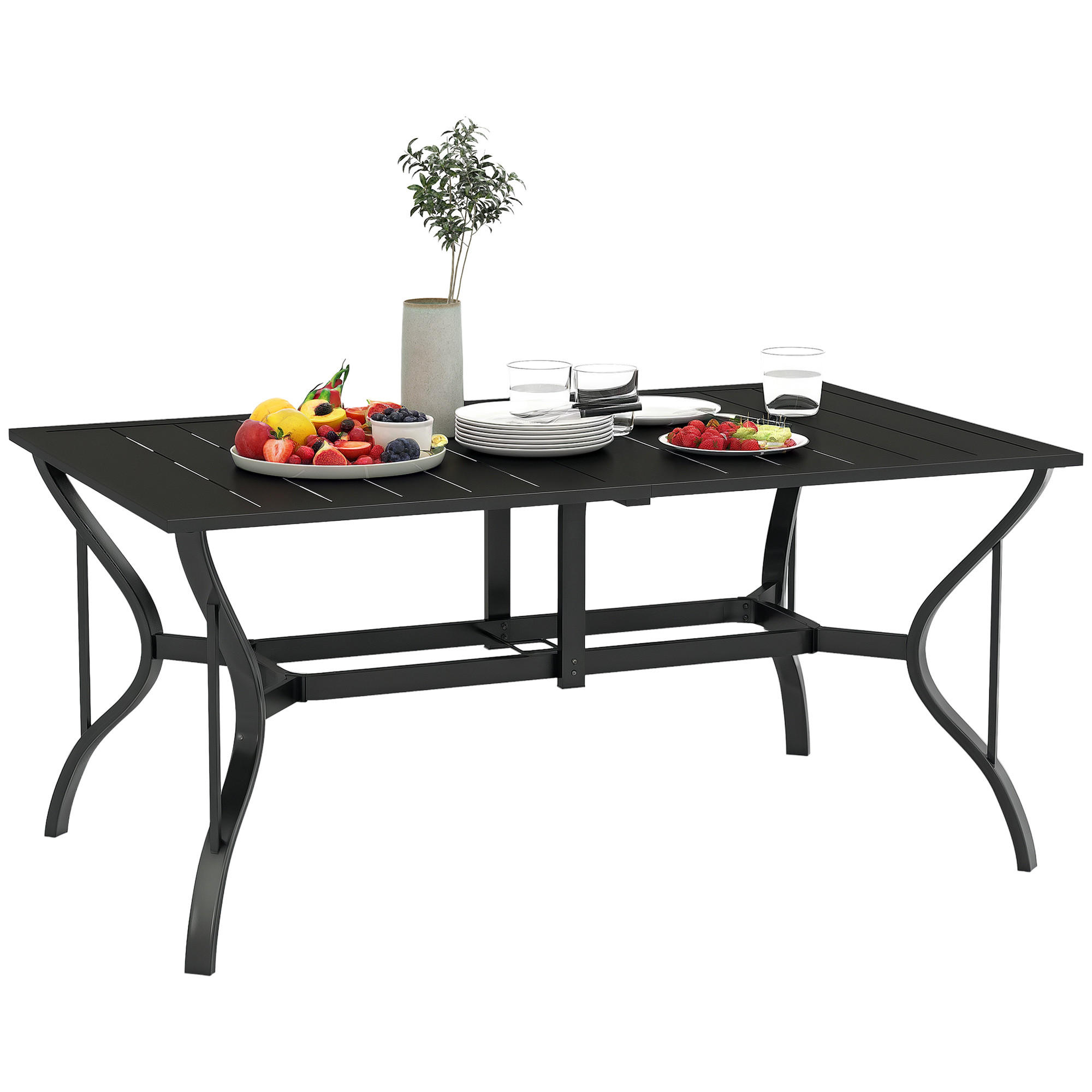 GARTENTISCH DE-07368 mit Schirmloch und Lamellen-Design für 6 Personen Schwarz - Schwarz, Metall (150/90/73cm) - ComfortXL