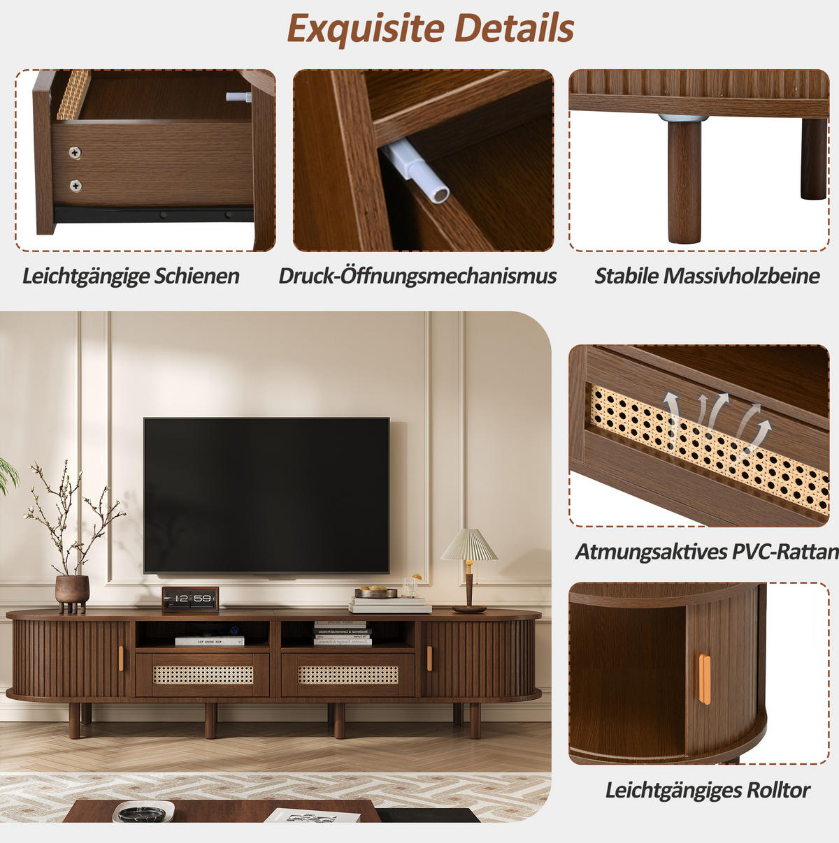 TV-LOWBOARD 170/40/40 cm mit 2 Schubladen, 2 Schiebetüren und Rattan-Optik aus MDF/Metall/Massivholz, Dunkle Eiche - Braun, Holzwerkstoff (170/40/40cm) - Redom