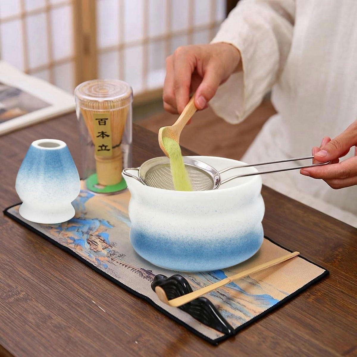 MATCHA Set 5-teiliges Set mit Schale und Bambusbesen (Blue) - Blau, Keramik (18.2/12.7/20.5cm)