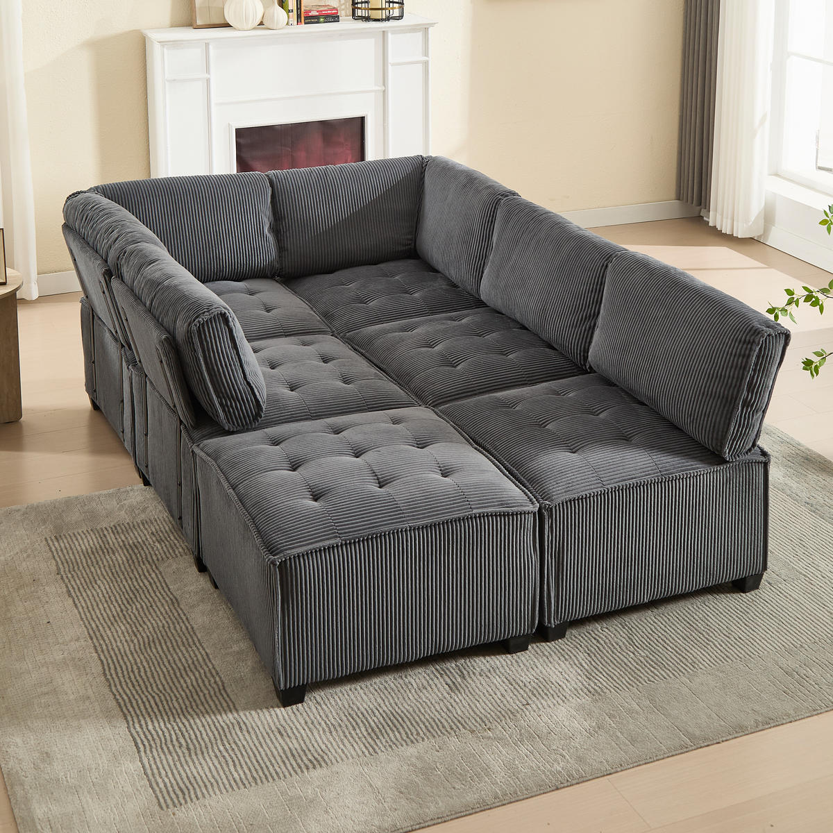 MODULARES 6-Sitzer Sofa Cord flexibel als U-/L-Form und Eckschlafsofa Grau 308/154/82 cm - Grau, Textil (154/308cm) - Redom