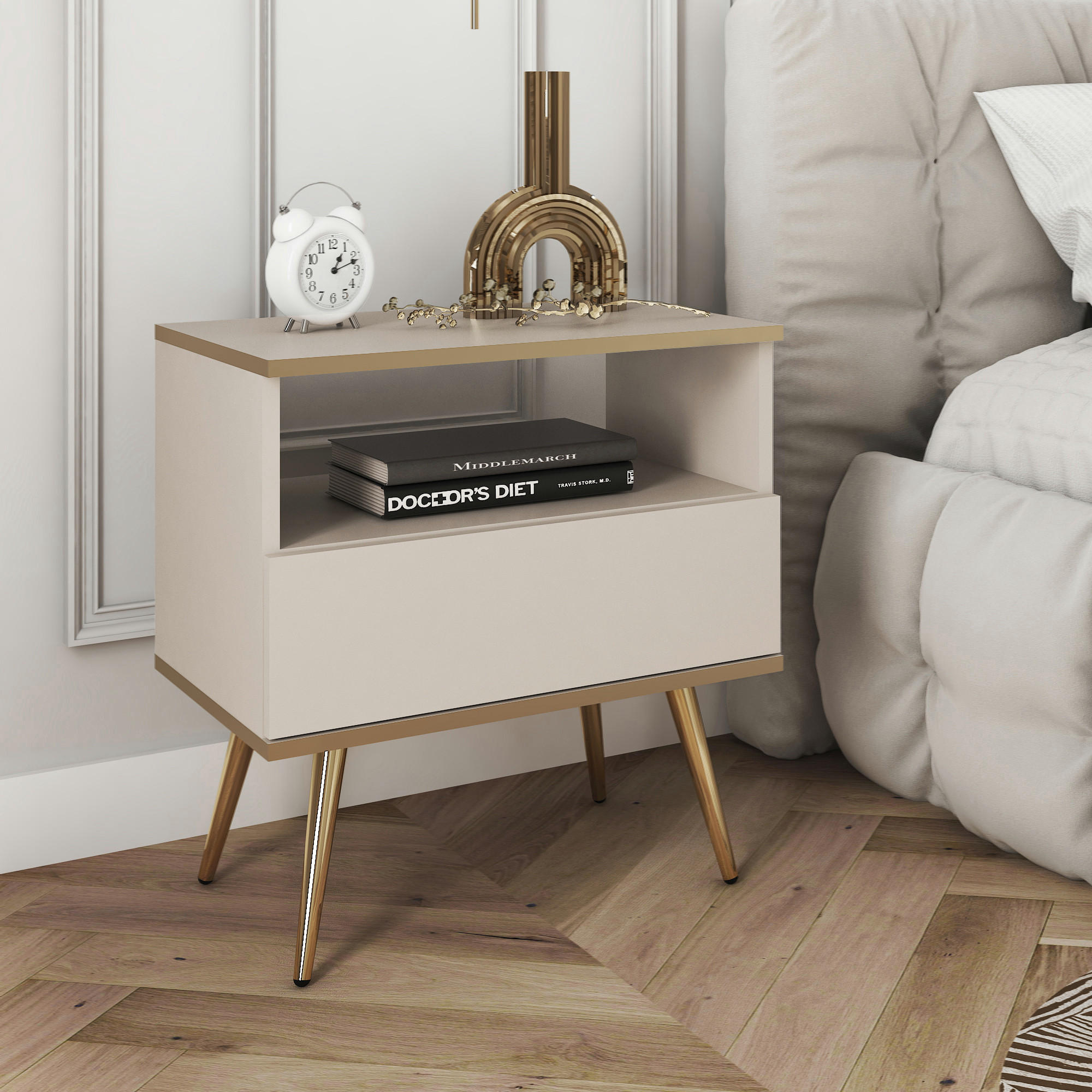 NACHTTISCH BANFF STO1-1S Goldene Metallbeine, Beige - Beige, Holzwerkstoff/Kunststoff (54/59/39cm) - Komodee