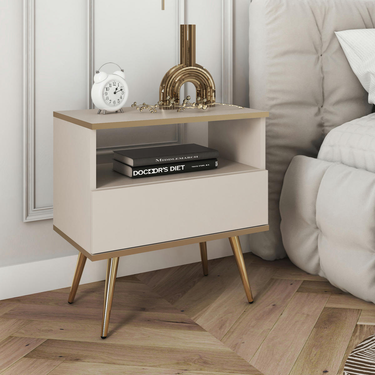 NACHTTISCH BANFF STO1-1S Goldene Metallbeine, Beige - Beige, Holzwerkstoff/Kunststoff (54/59/39cm) - Komodee