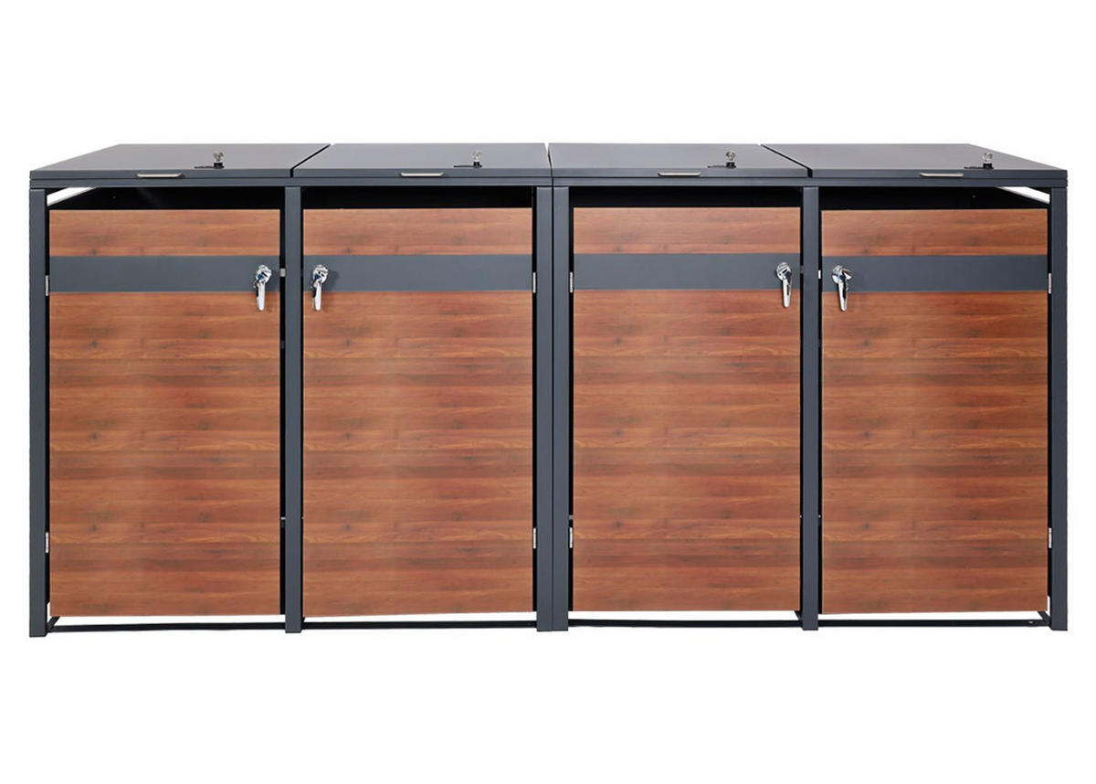 MÜLLTONNENBOX 4er/8er XL 117x290x98cm Anthrazit Kirsche-Holzoptik Dunkelbraun - Kirschbaumfarben, Metall (290/117/98cm) - PROREGAL
