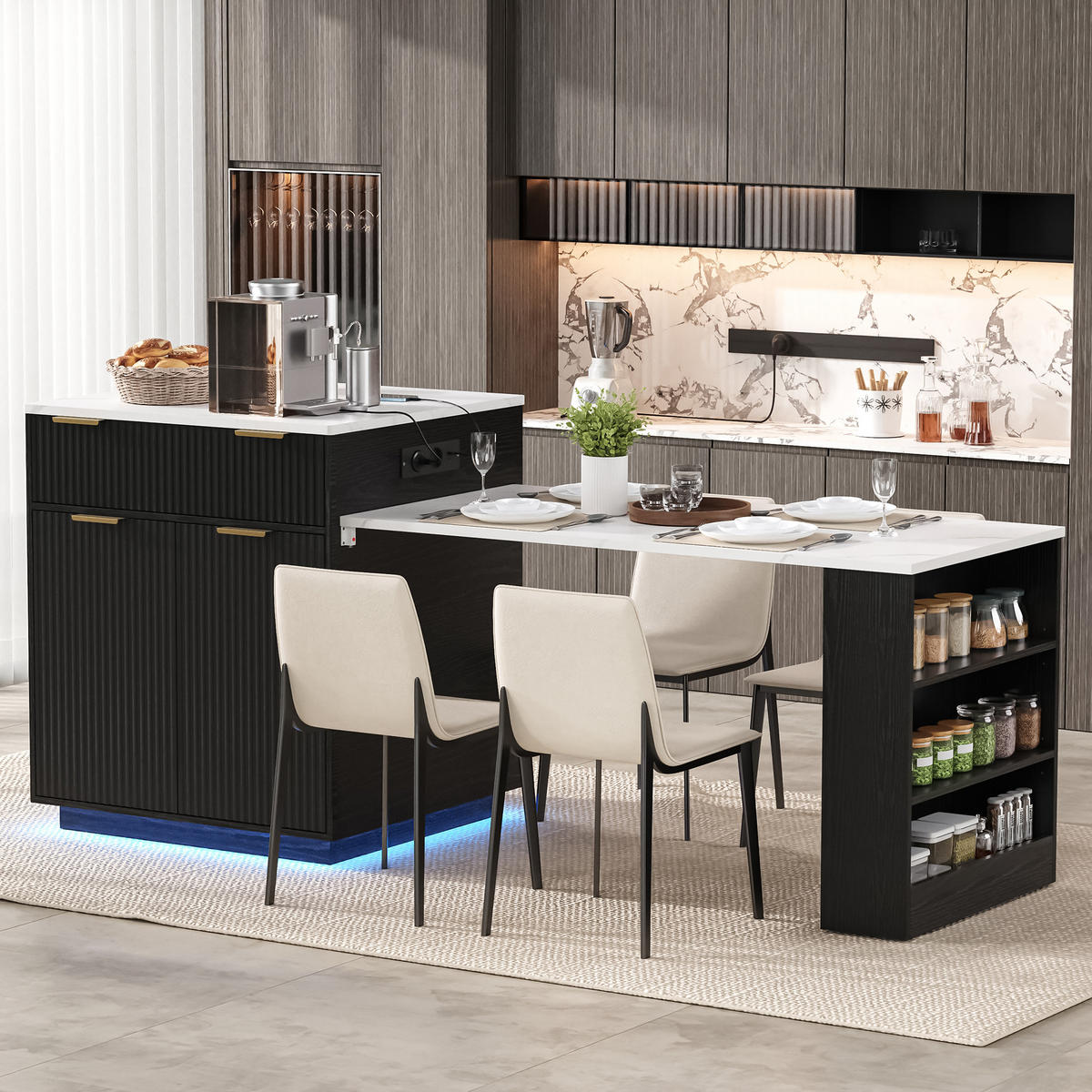 KÜCHENINSEL ausziehbar 127,5-205/67/92 cm mit LED DE-39579 Schwarz - Schwarz, Holzwerkstoff (67/92/127.5cm) - ComfortXL