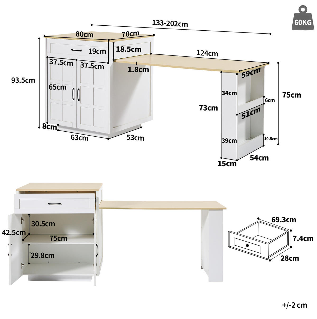 STEHTISCH/BARTISCH 133-202/70/93,5 cm in Weiß, ausziehbar mit Stauraum - Weiß, Holzwerkstoff (133/70/93.5cm) - BEAOK