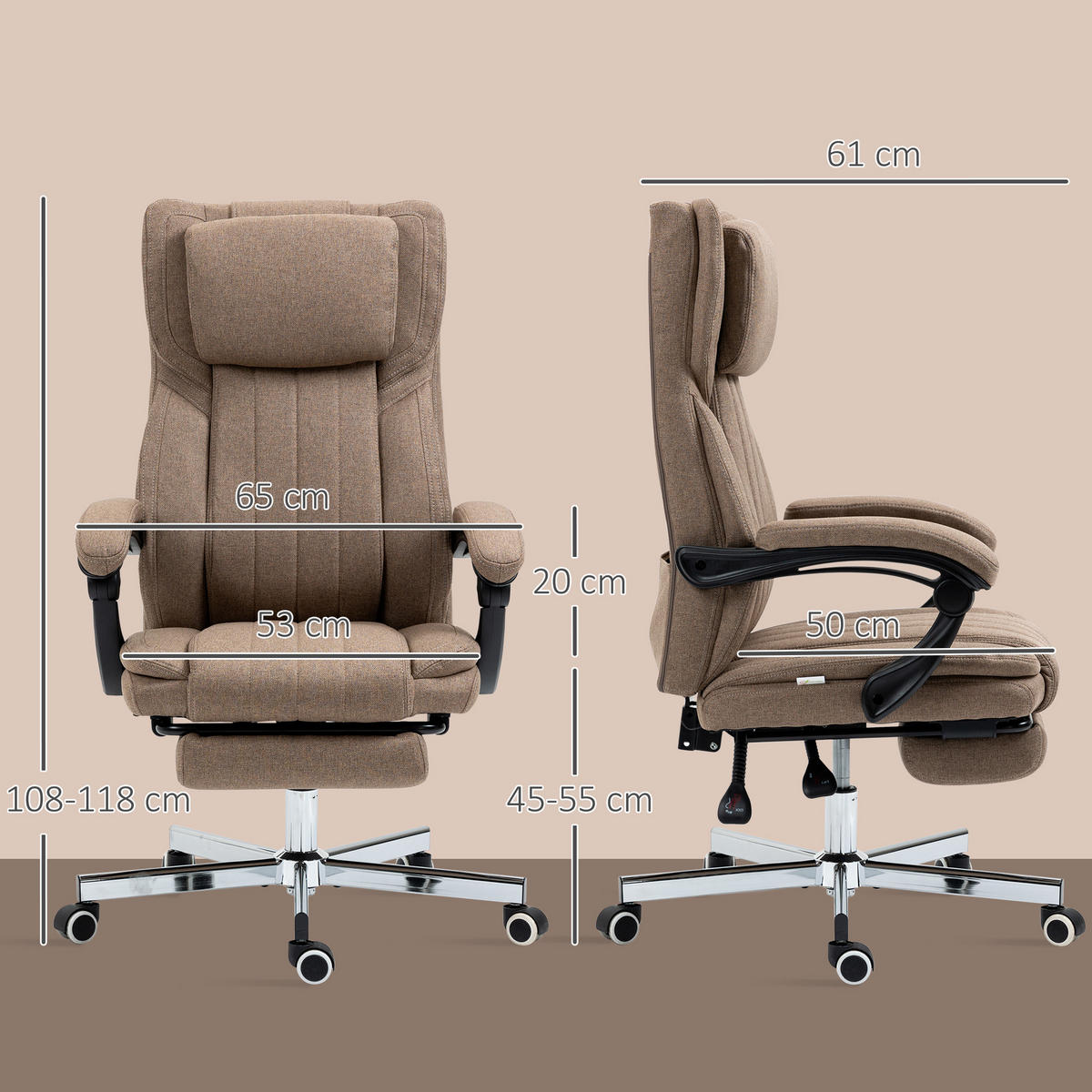 BÜROSTUHL mit verstellbarer 65L x 61B x 108-118H cm Braun - Braun, Kunststoff (61/113/65cm) - Vinsetto