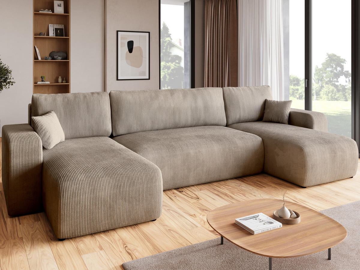 WOHNLANDSCHAFT PUMI mit Schlaffunktion Beige Cord - Beige, Textil (312/82/148cm) - Bromarkt