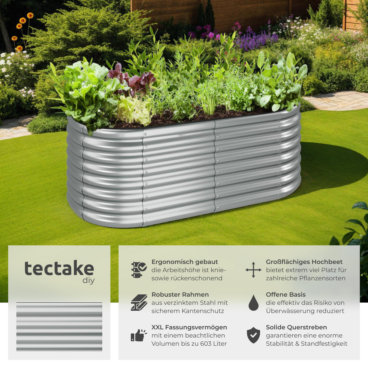 HOCHBEET Flormma,160 x 80 x 60 cm,silber - Silberfarben, Metall (160/60/80cm) - tectake