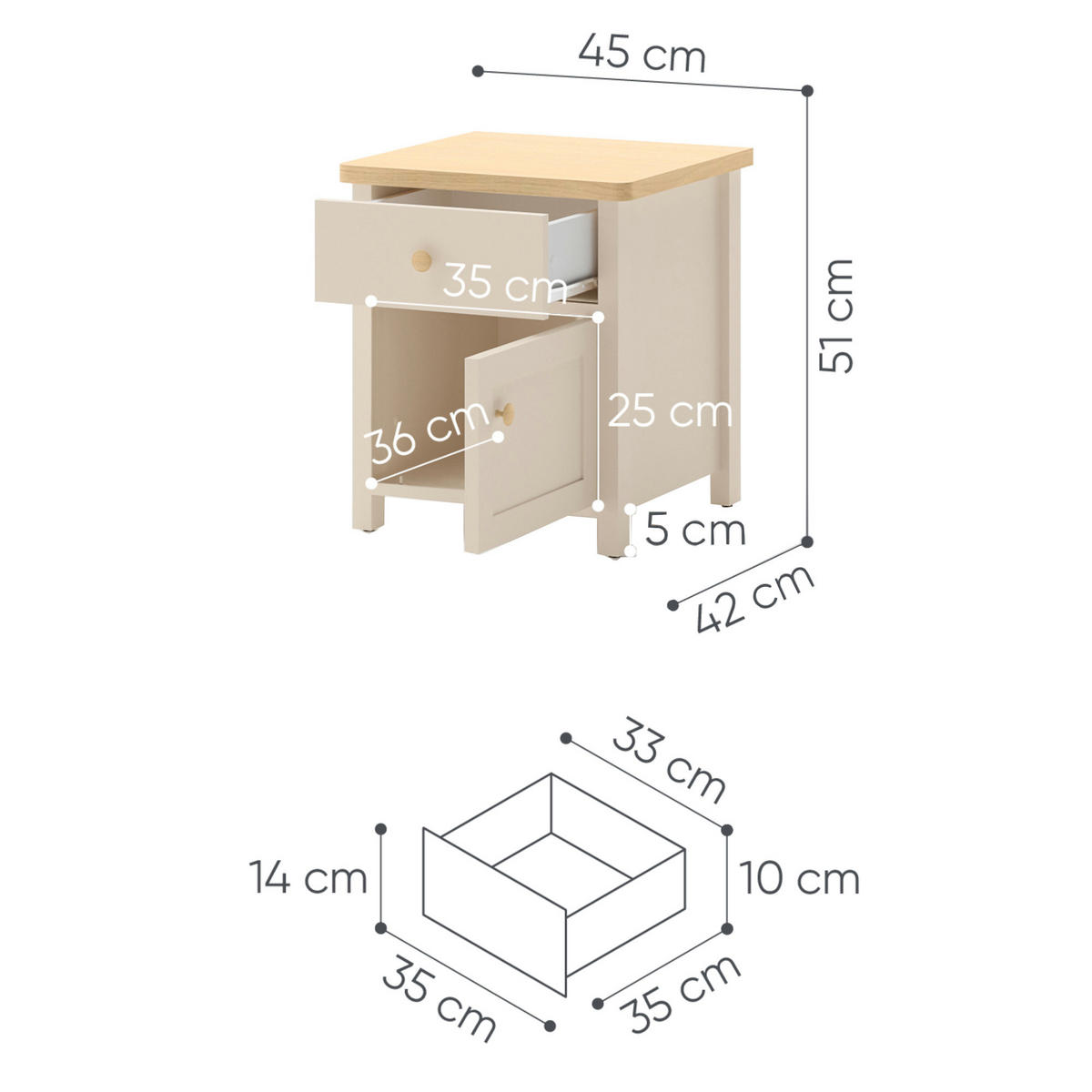 NACHTTISCH STORY 7 - Eichefarben/Beige, Holzwerkstoff (45/51/42cm) - Meblini