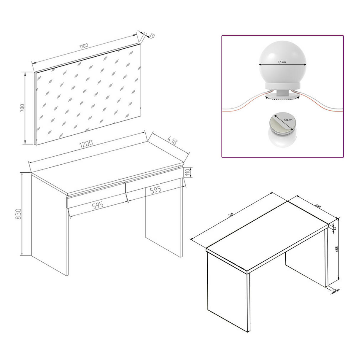 SCHMINKTISCH Emma Weiß 120 cm mit LED Beleuchtung und Bank - Weiß, Holzwerkstoff (120/83/41.8cm) - Vicco
