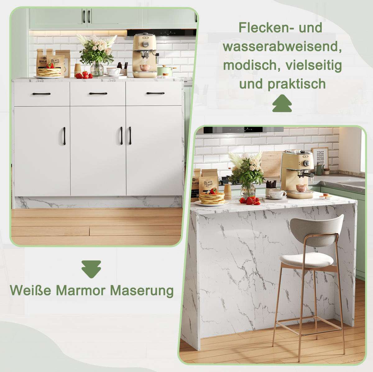 KÜCHENINSEL 120x60x90.5cm Weiß Marmoroptik mit Barbereich,3 Schubladen & Schränken - Weiß, Holzwerkstoff (120/90.5/60cm) - Modfu