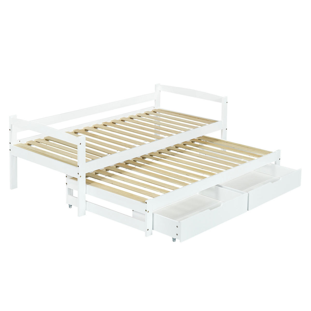TAGESBETT 200/90 cm mit Ausziehbett 190/90 cm, 2 Schubladen und Massivholzrahmen, Weiß - Weiß, Holzwerkstoff (90/200cm) - Redom